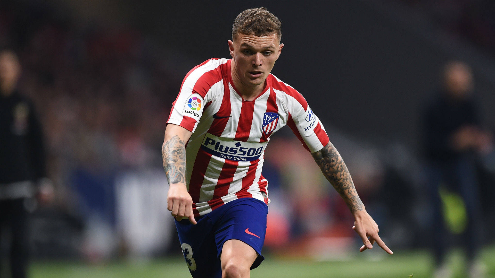 Kieran Trippier, red and white striped jersey, green pitch, Full HD Desktop Wallpaper