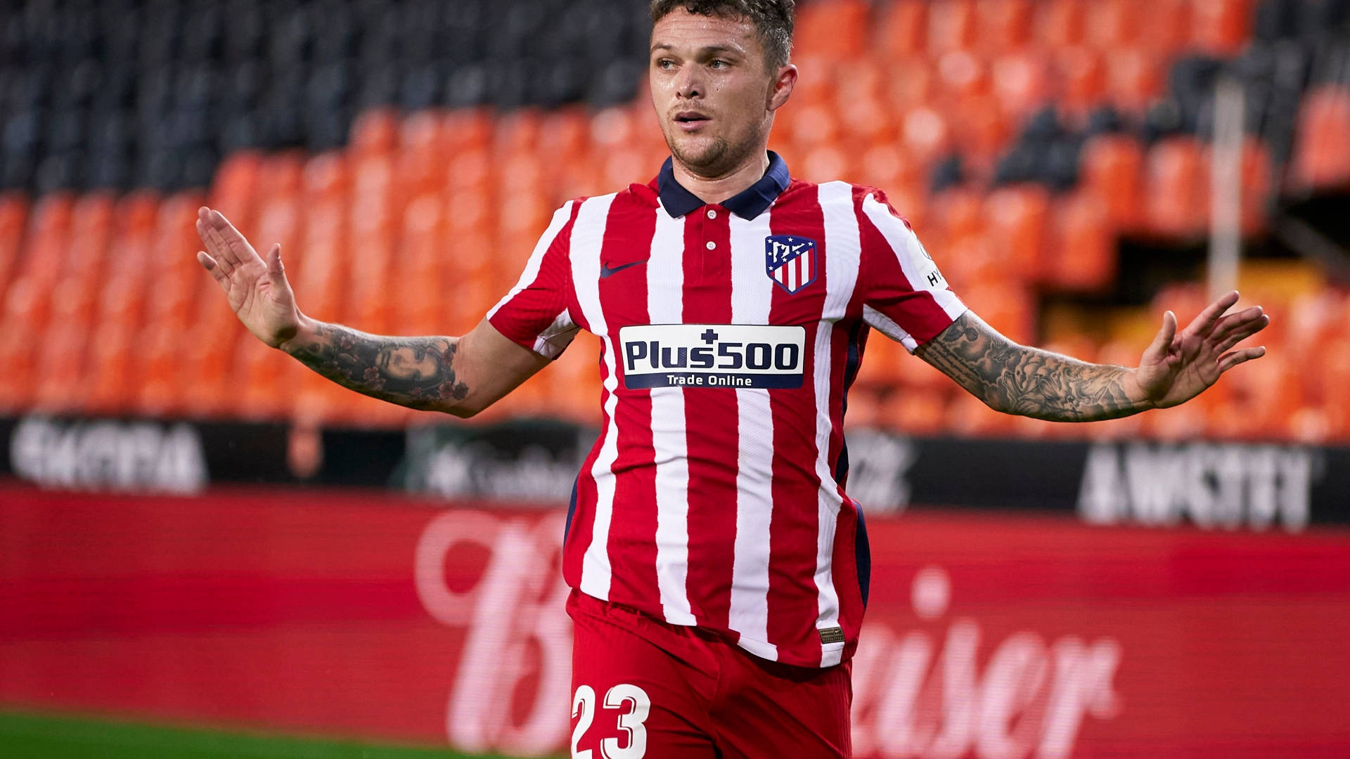 Kieran Trippier, orange seats, red and white striped jersey, Full HD Desktop Wallpaper