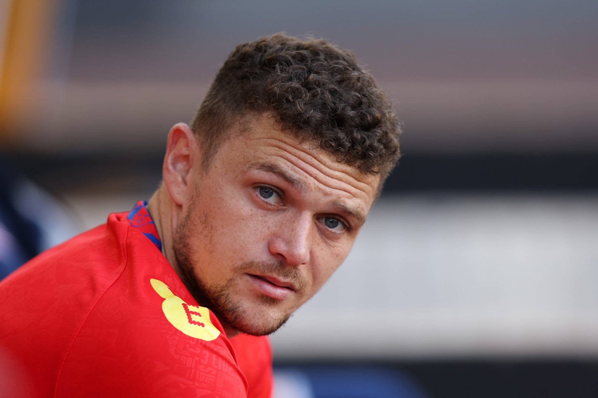 Kieran Trippier, red sports jersey, yellow emblem, Full HD Desktop Wallpaper