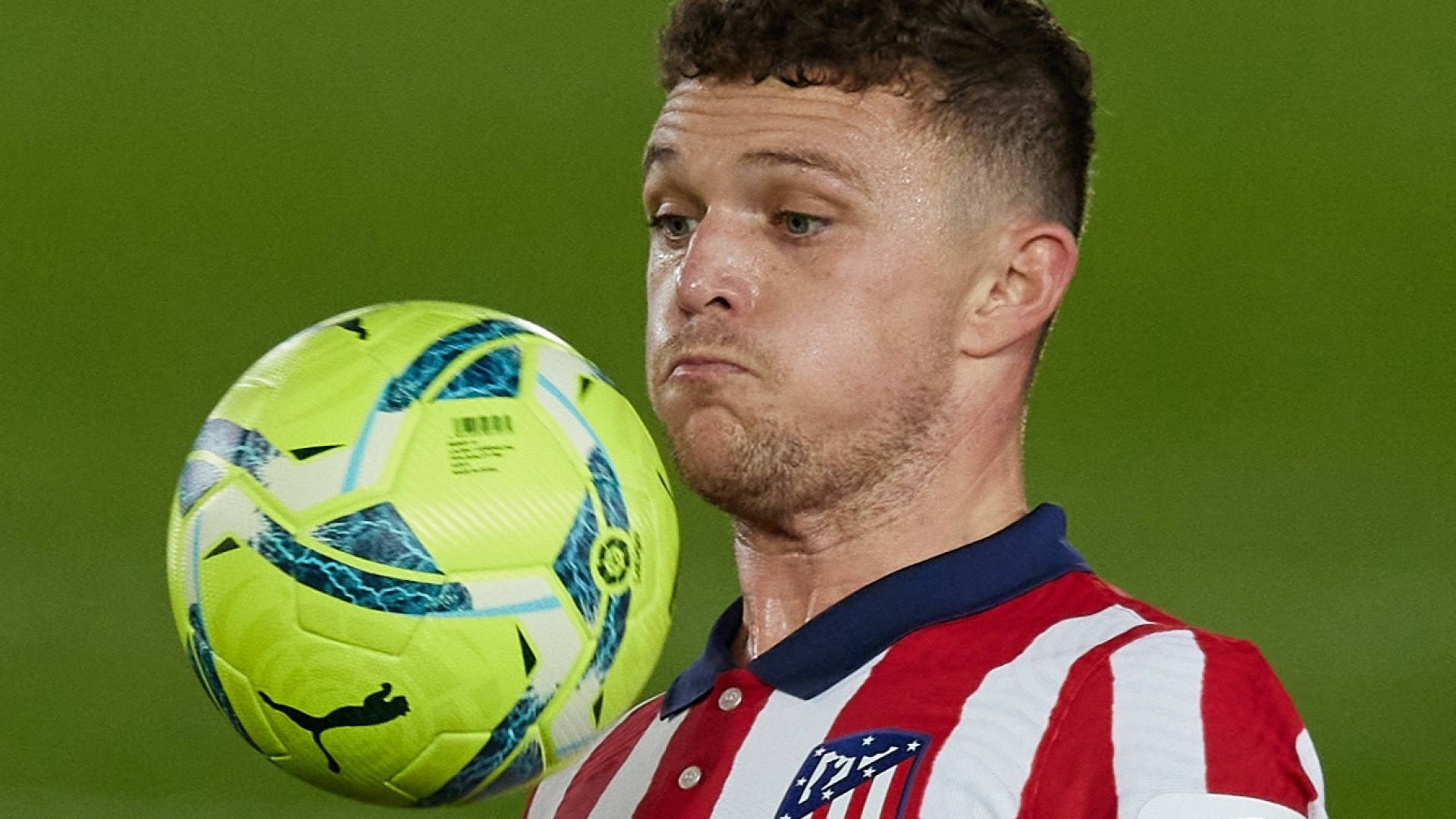 Kieran Trippier, red and white striped jersey, neon yellow and blue soccer ball, Full HD Desktop Wallpaper