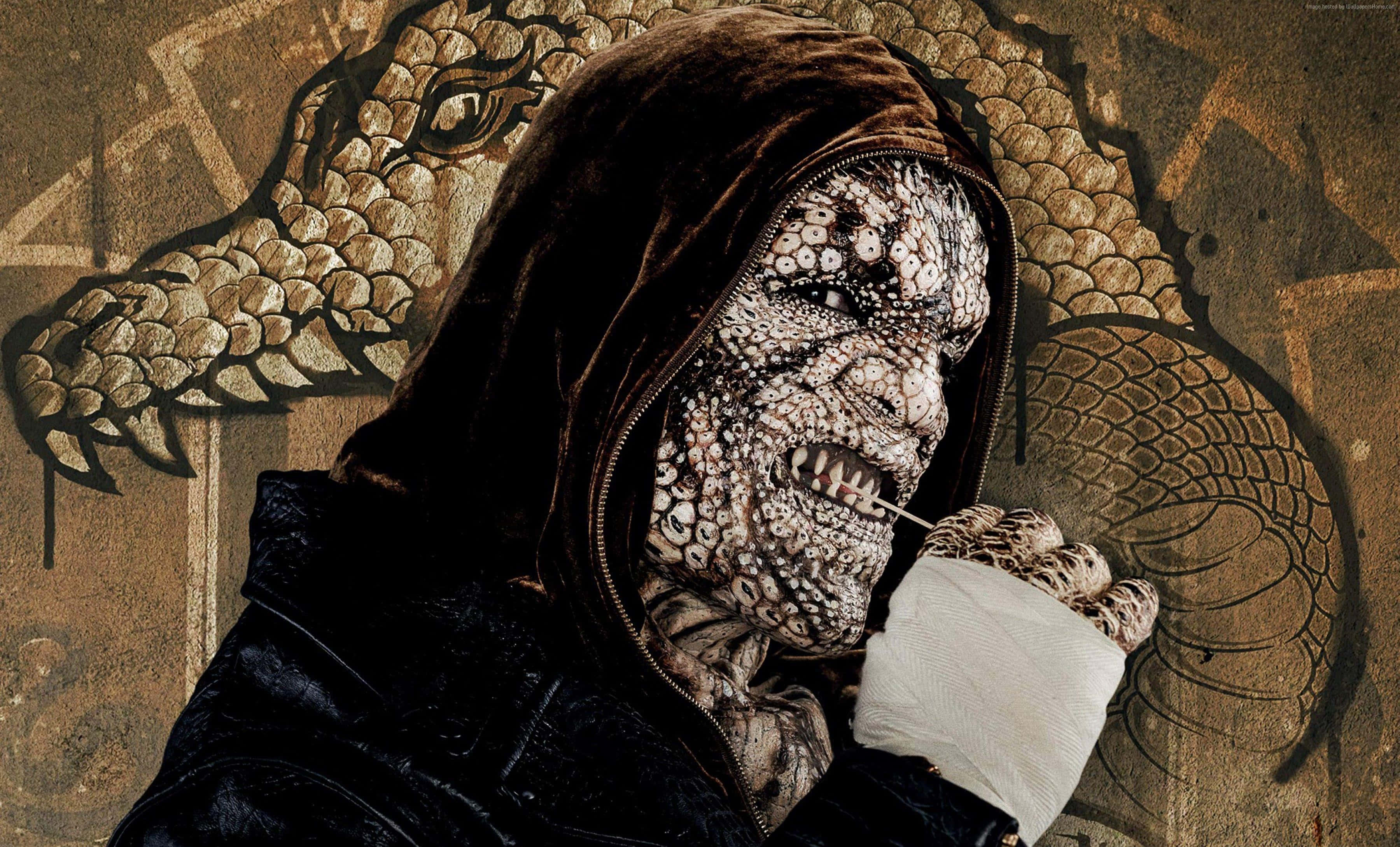 Killer Croc, mural of a coiled dragon, earthy tones, 2K Desktop Wallpaper