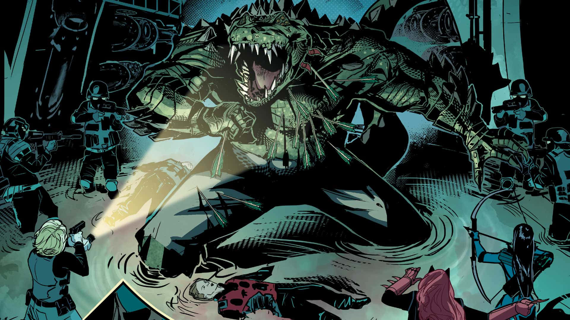 Killer Croc, giant crocodile monster, dark industrial setting, Full HD Desktop Wallpaper