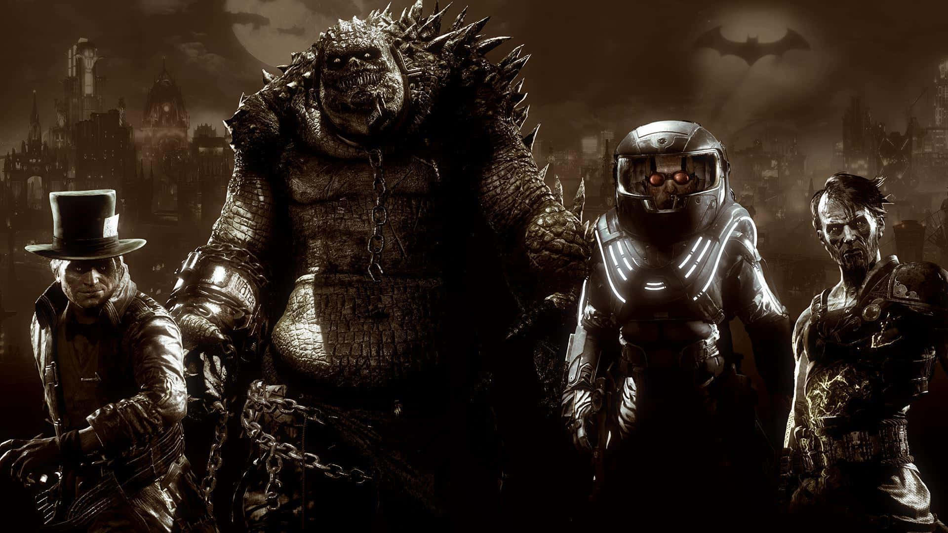 Killer Croc, gothic cityscape, bat-filled sky, Full HD Desktop Wallpaper