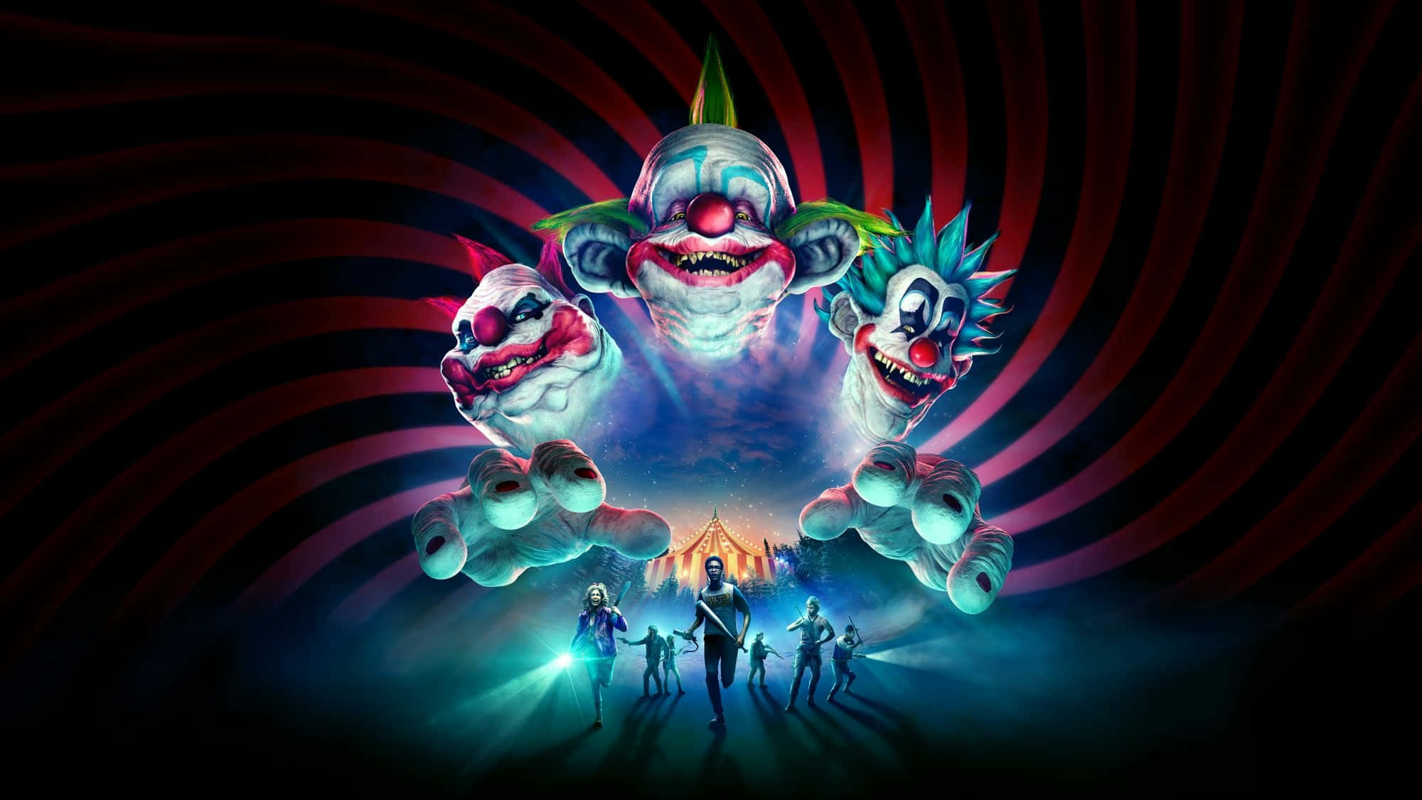 Killer Klowns from Outer Space, glowing eyes, outstretched hands, Full HD Desktop Wallpaper