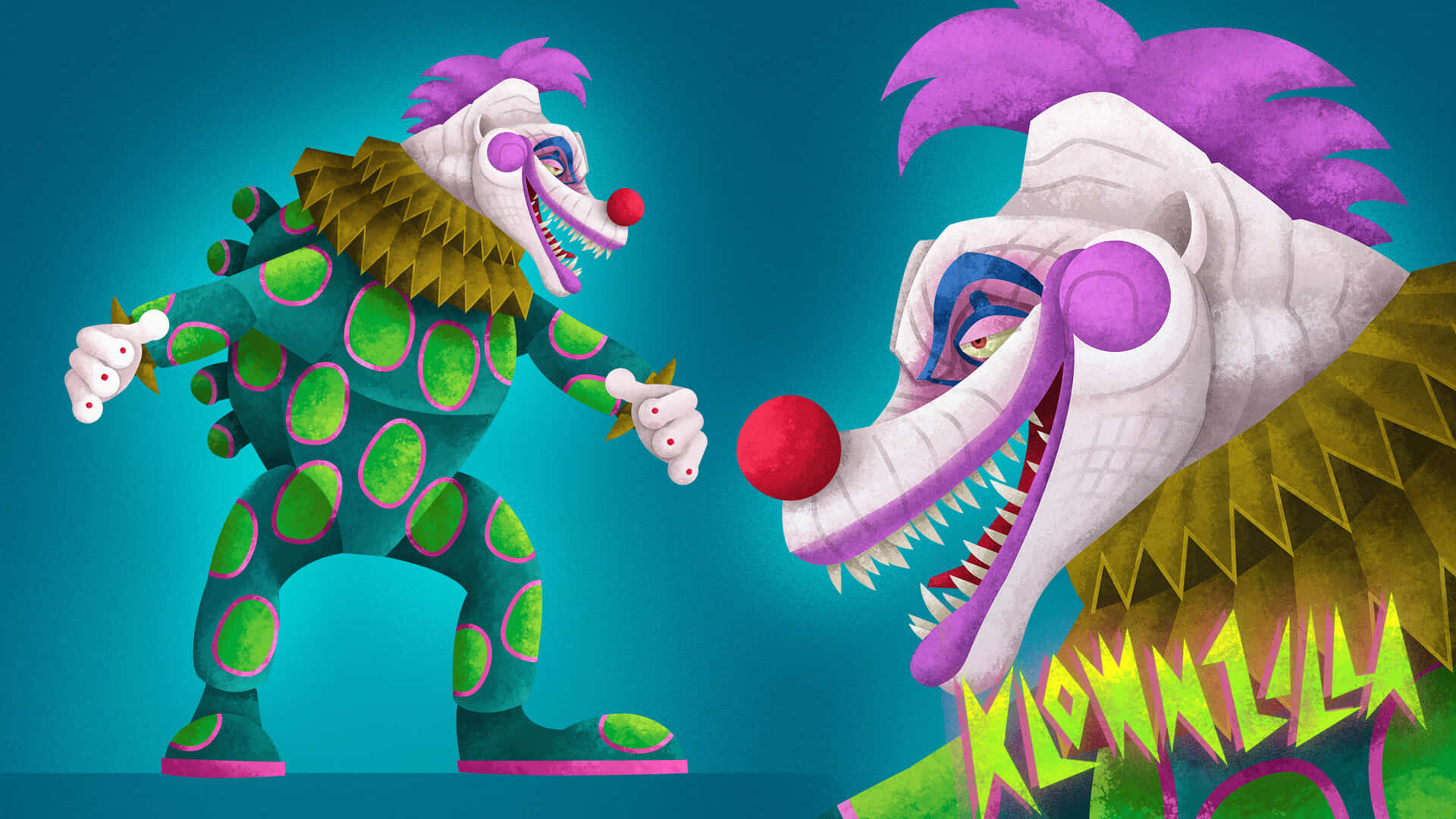 Killer Klowns From Outer Space, purple hair, teal background, Full HD Desktop Wallpaper