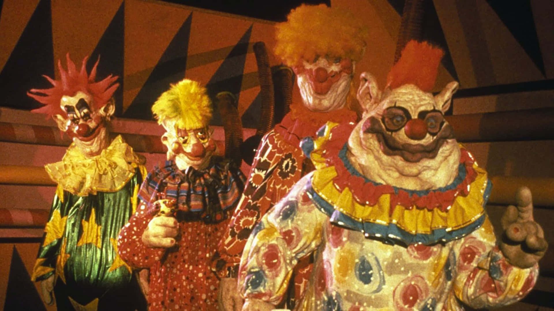 Killer Klowns From Outer Space, colorful costumes, grotesque clowns, Full HD Desktop Wallpaper