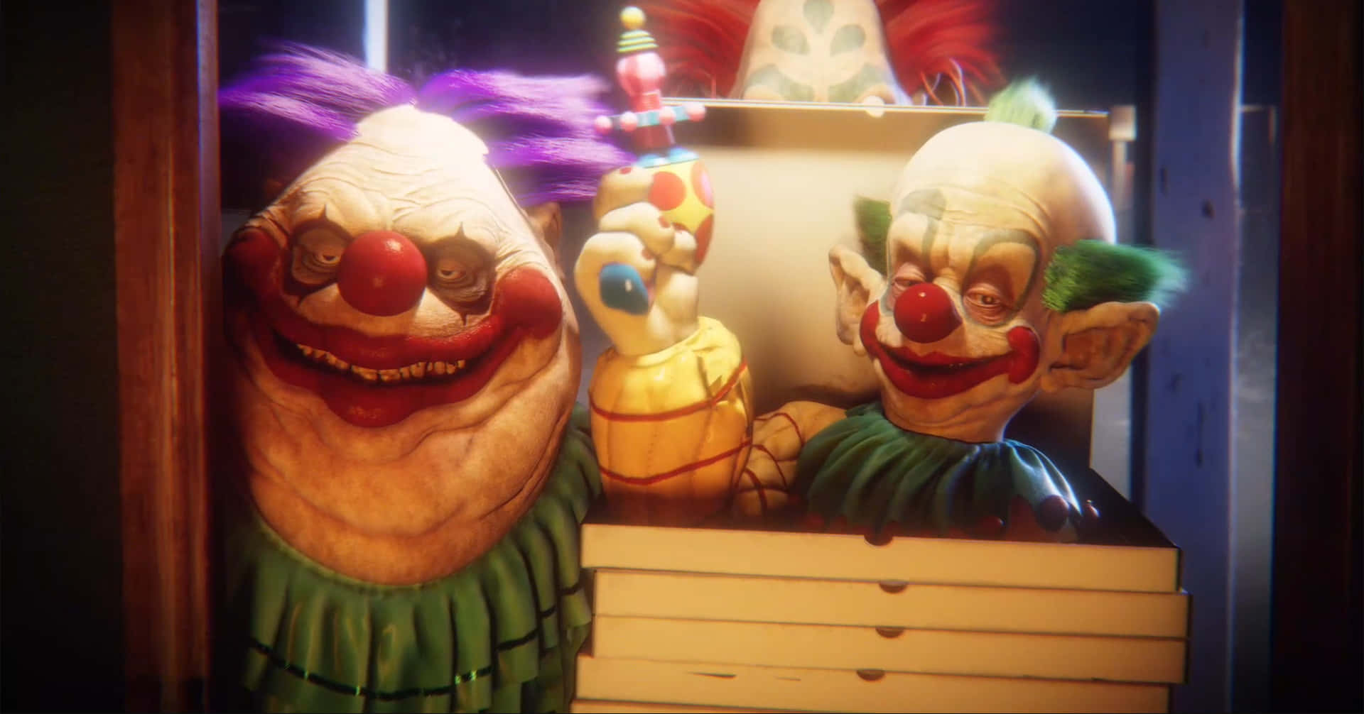 Killer Klowns from Outer Space, purple and green hair, clown heads, Full HD Desktop Wallpaper