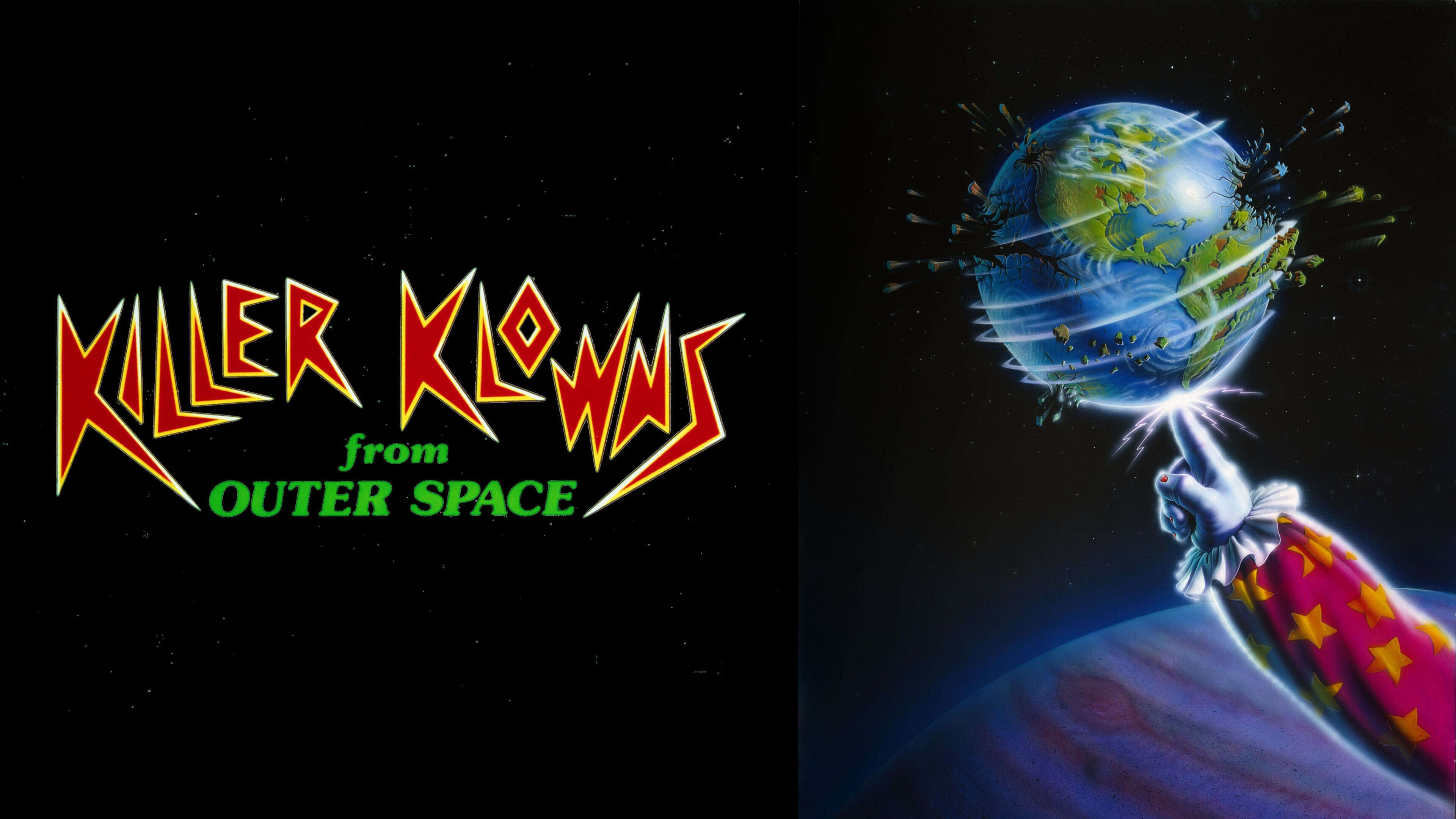 Killer Klowns from Outer Space, star-spangled cape, glowing Earth, 4K Desktop Wallpaper