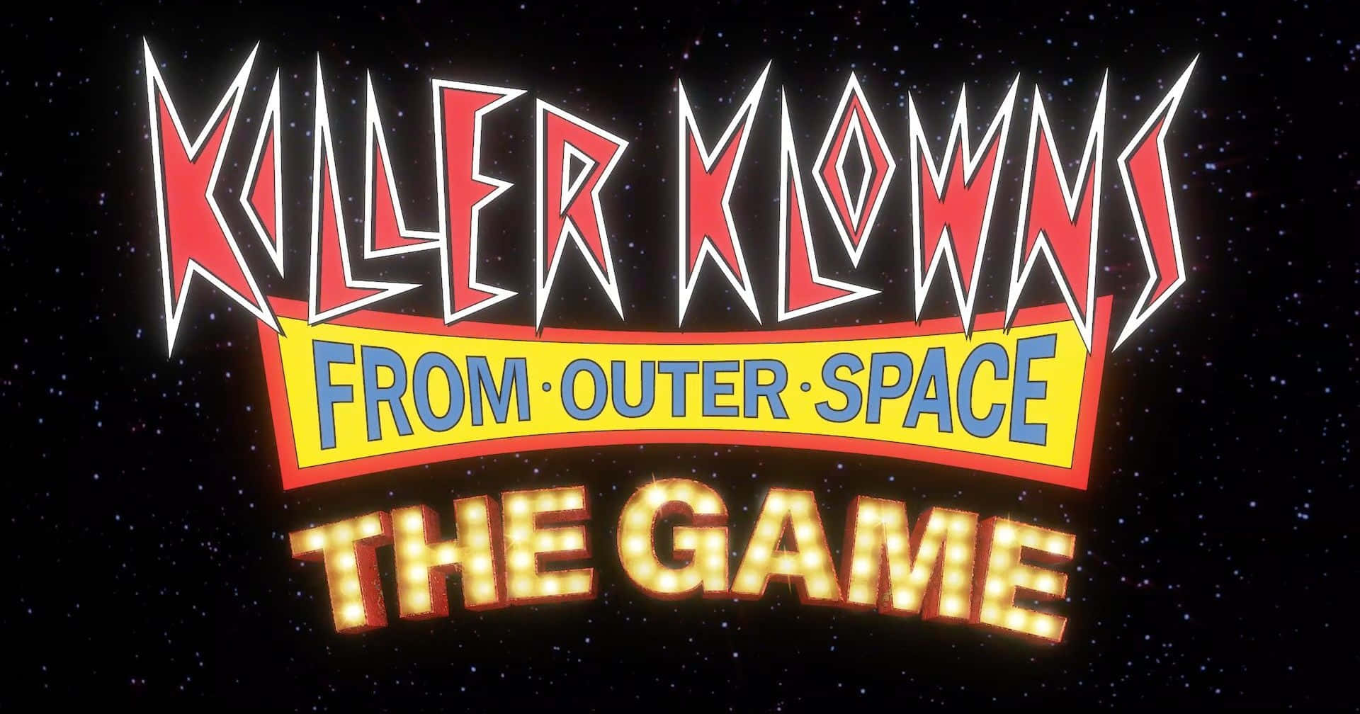 Killer Klowns from Outer Space, retro game title, starry space backdrop, Full HD Desktop Wallpaper