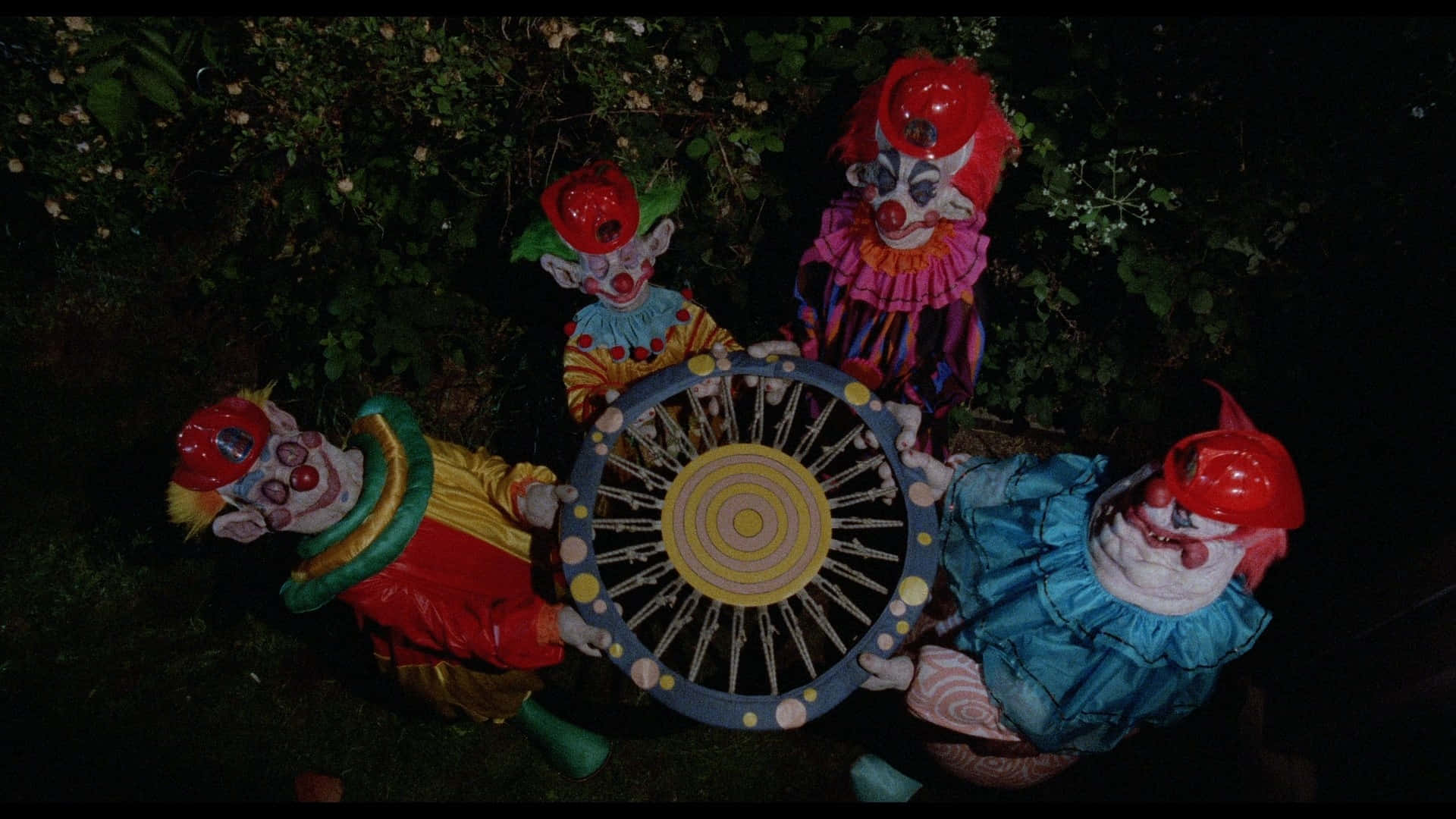 Killer Klowns from Outer Space, colorful costumes, spinning wheel, Full HD Desktop Wallpaper