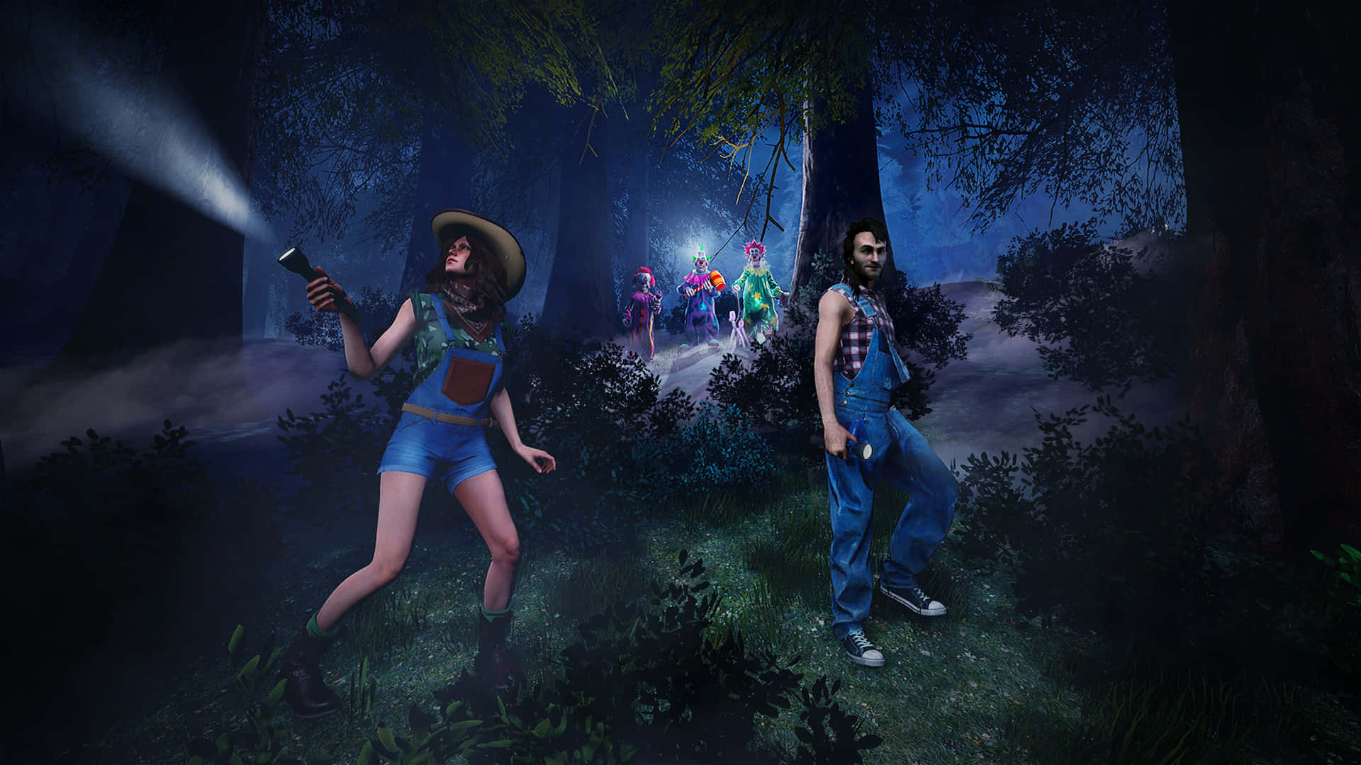 Killer Klowns From Outer Space, flashlights, misty dark forest, Full HD Desktop Wallpaper