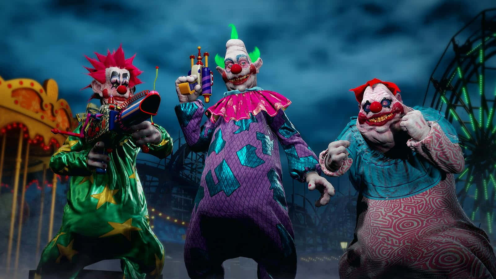 Killer Klowns From Outer Space, colorful costumes, dark carnival, HD Desktop Wallpaper