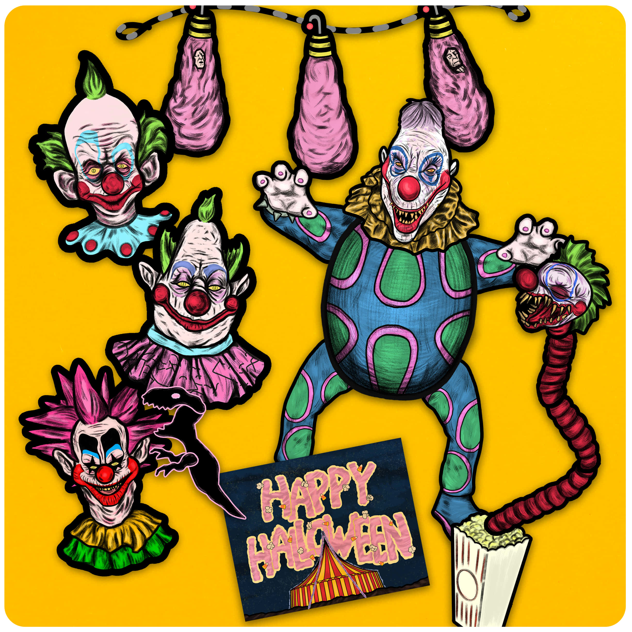 Killer Klowns from Outer Space, multiple grotesque clown heads, hanging bags, Full HD Desktop Wallpaper