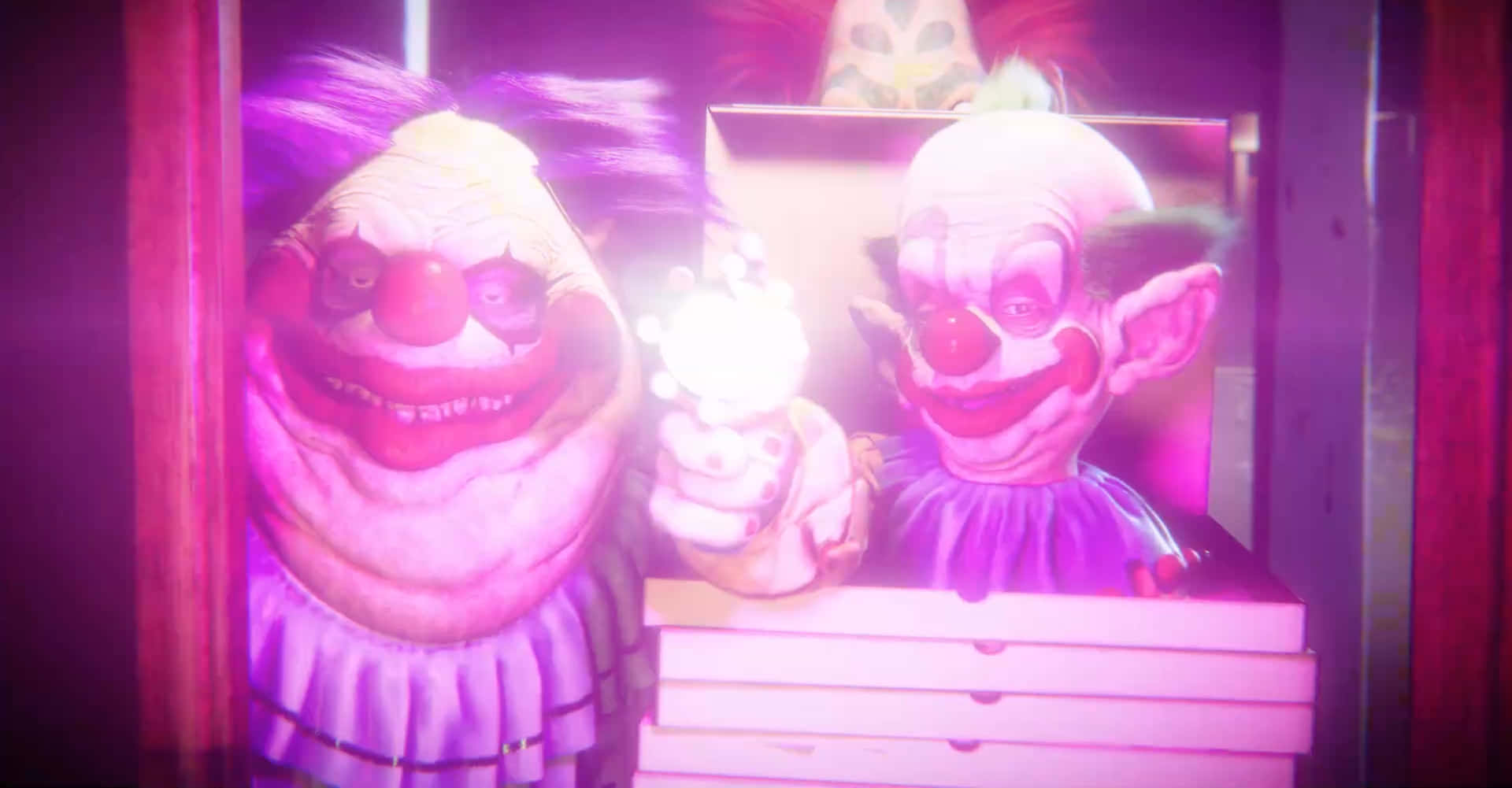 Killer Klowns from Outer Space, red noses, purple light, Full HD Desktop Wallpaper