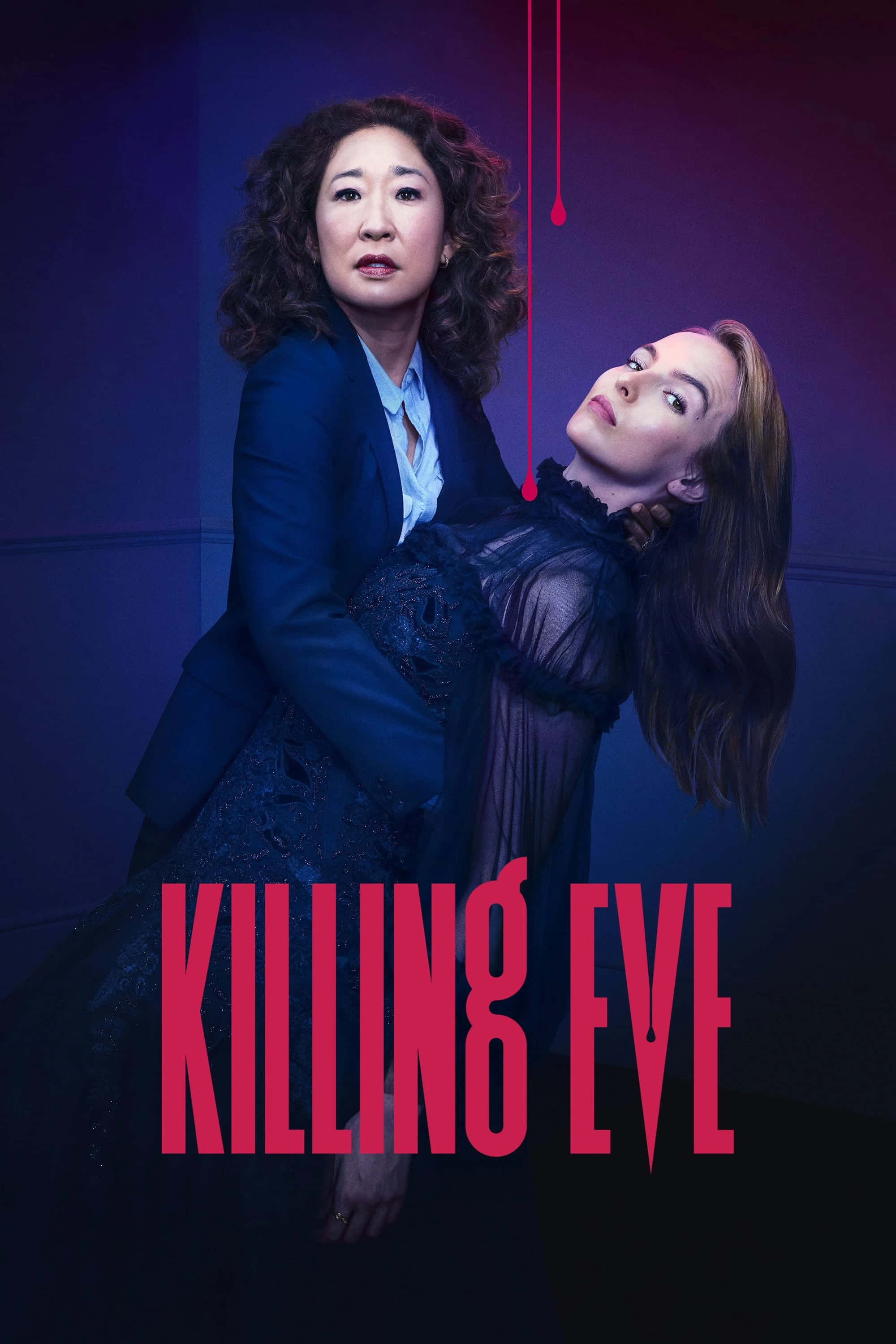 Killing Eve, purple lighting, red dripping text, 2K Phone Wallpaper