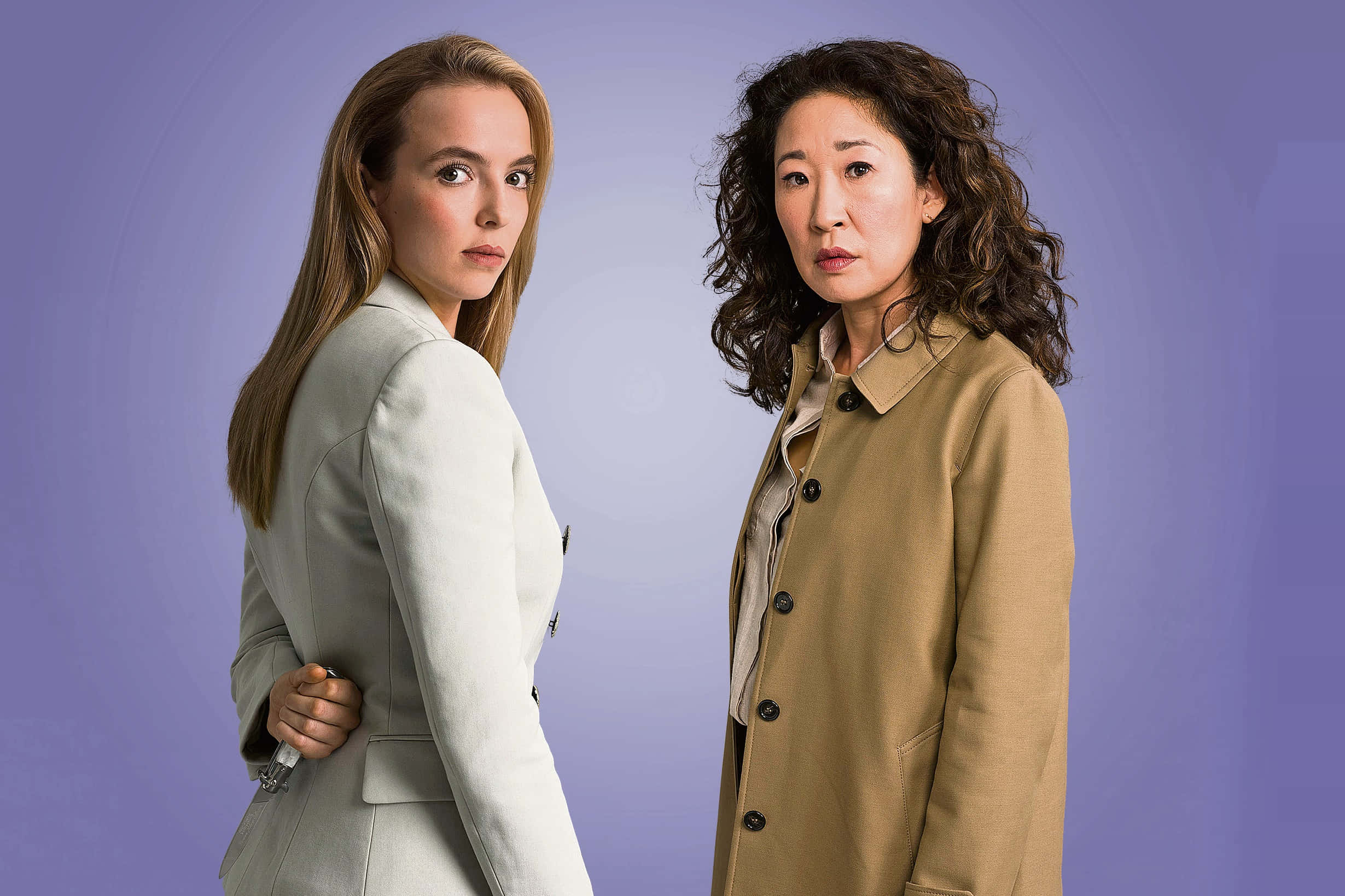 Killing Eve, duo standoff, coats, Full HD Desktop Wallpaper
