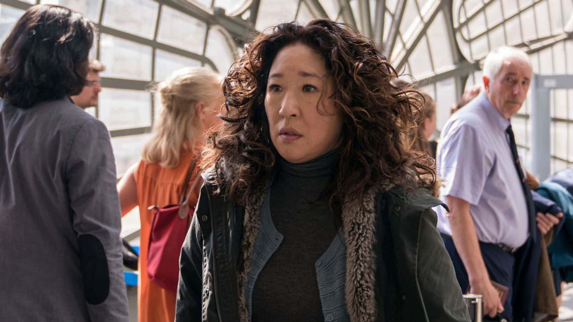 Killing Eve, woman with curly brown hair, fur-lined jacket, Full HD Desktop Wallpaper