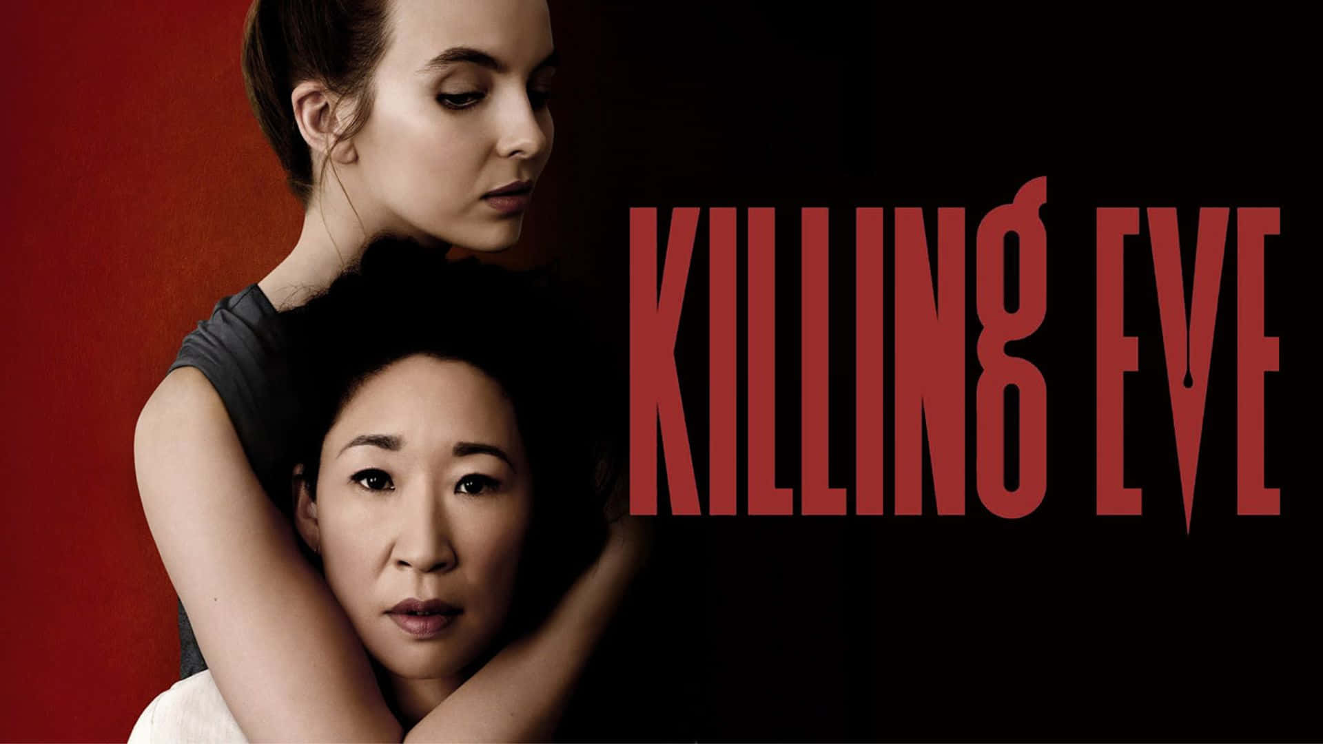 Killing Eve, red and black backdrop, bold red title text, Full HD Desktop Wallpaper