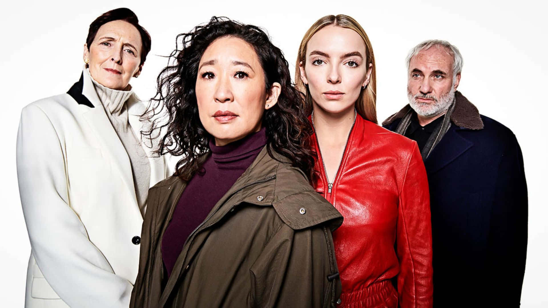 Killing Eve, cast portrait, stylish coats, Full HD Desktop Wallpaper