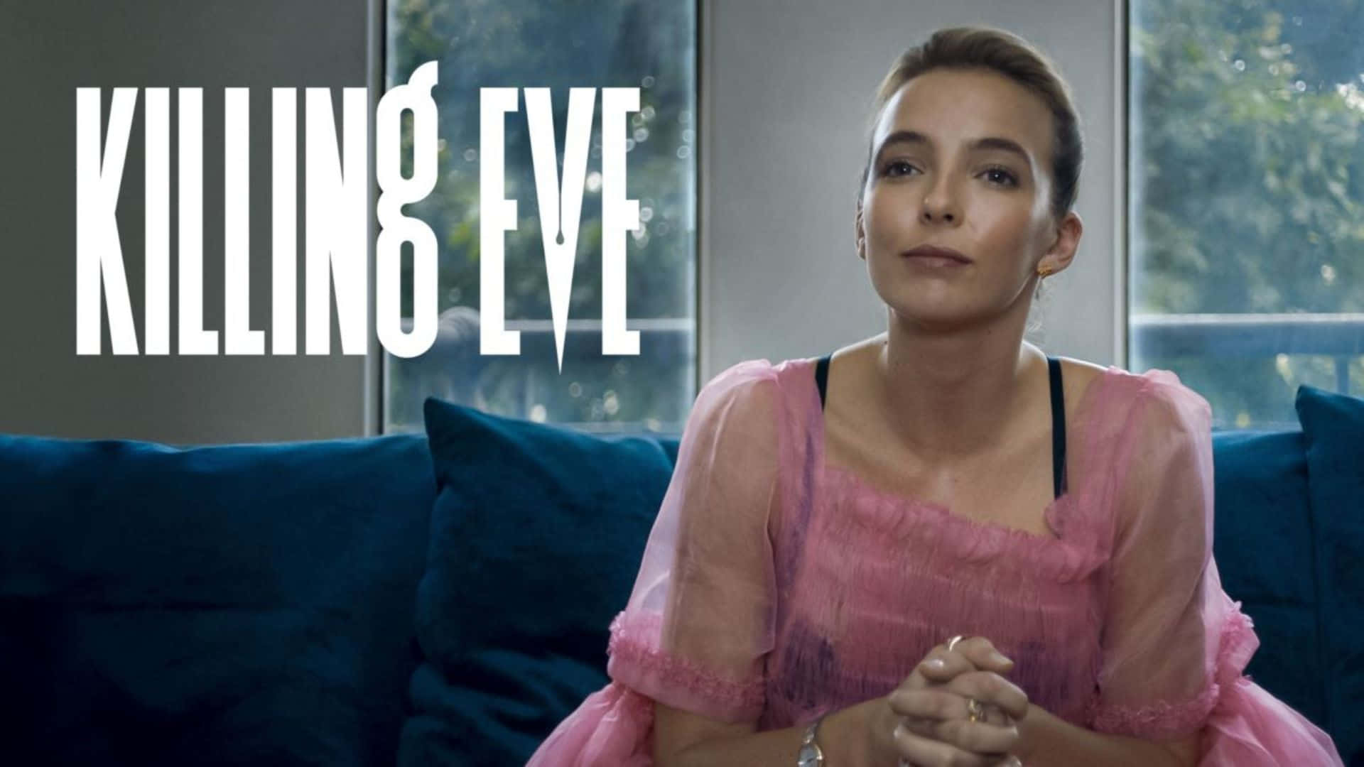 Killing Eve, pink dress, blue couch, Full HD Desktop Wallpaper