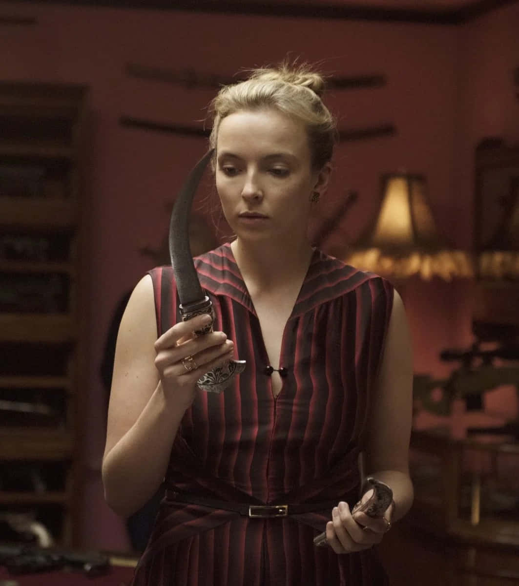 Killing Eve, red striped dress, curved blade, SD Phone Wallpaper