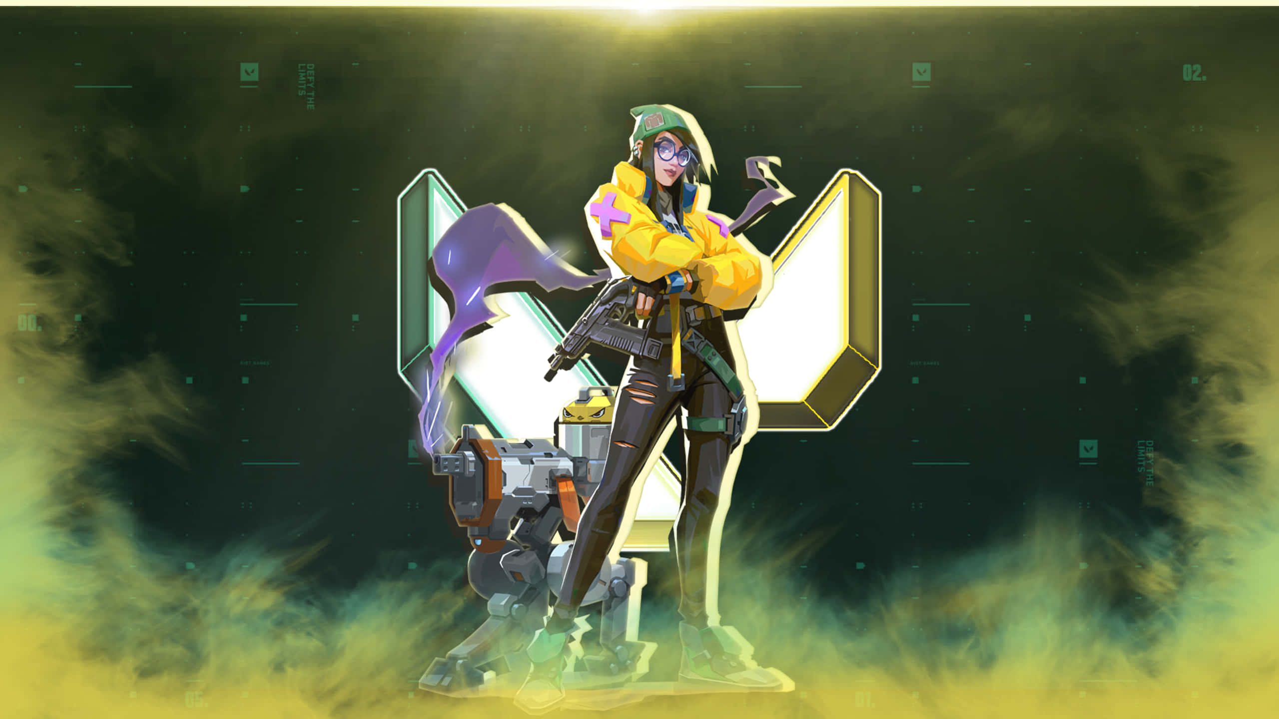 Killjoy Valorant, yellow jacket, green hat, 2K Desktop Wallpaper