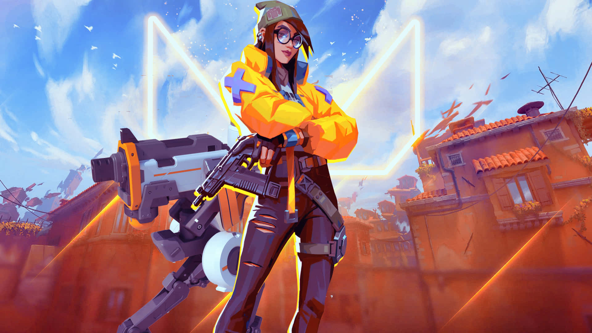 Killjoy Valorant, futuristic robotic figure, bright yellow jacket, Full HD Desktop Wallpaper