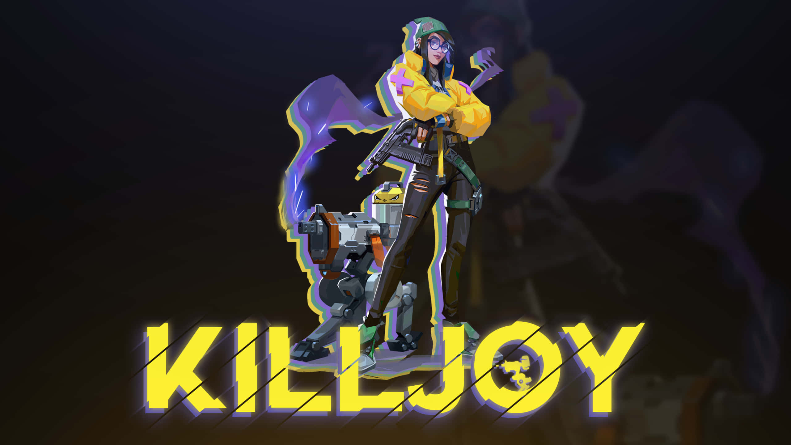 Killjoy Valorant, yellow jacket, robotic companion, 2K Desktop Wallpaper