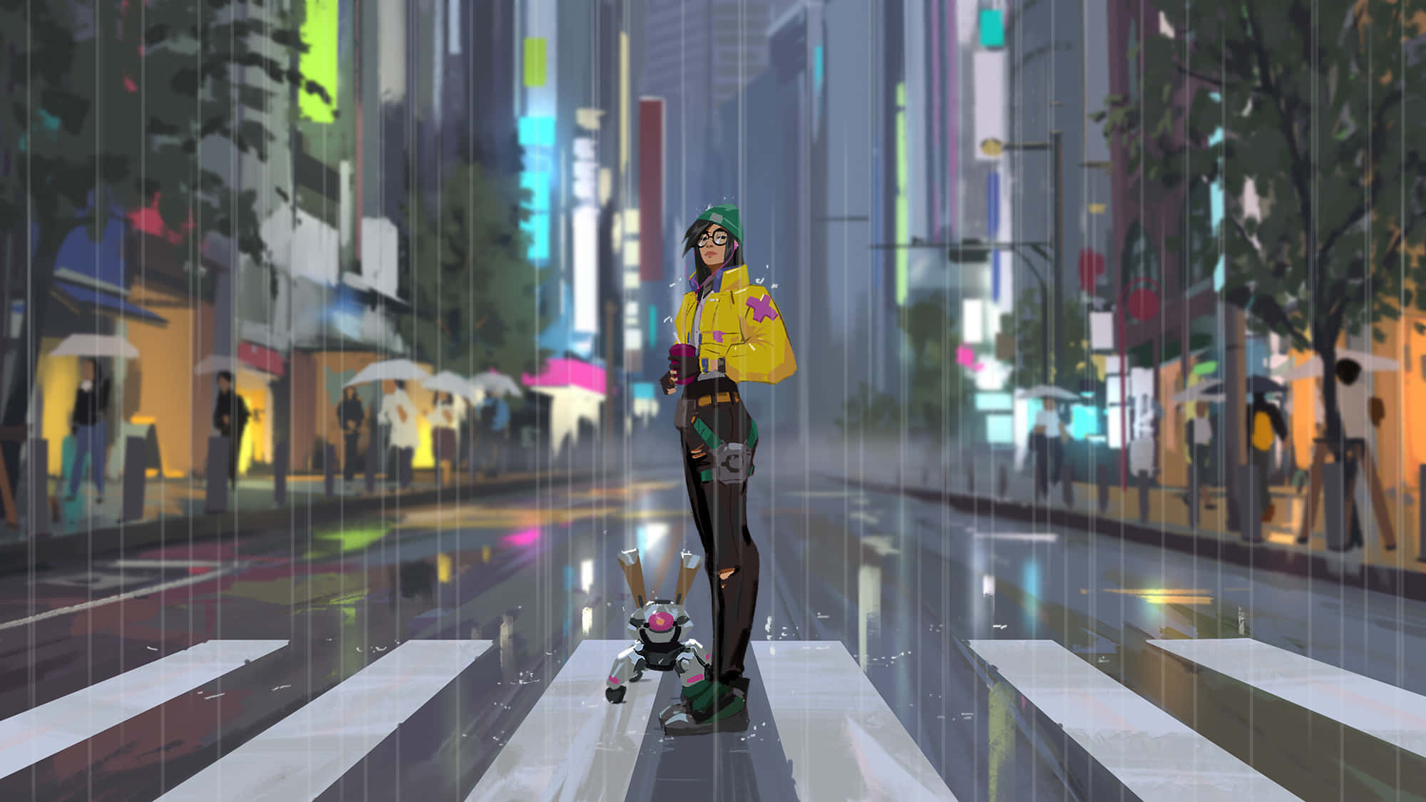 Killjoy Valorant, yellow jacket, rainy city crosswalk, Full HD Desktop Wallpaper
