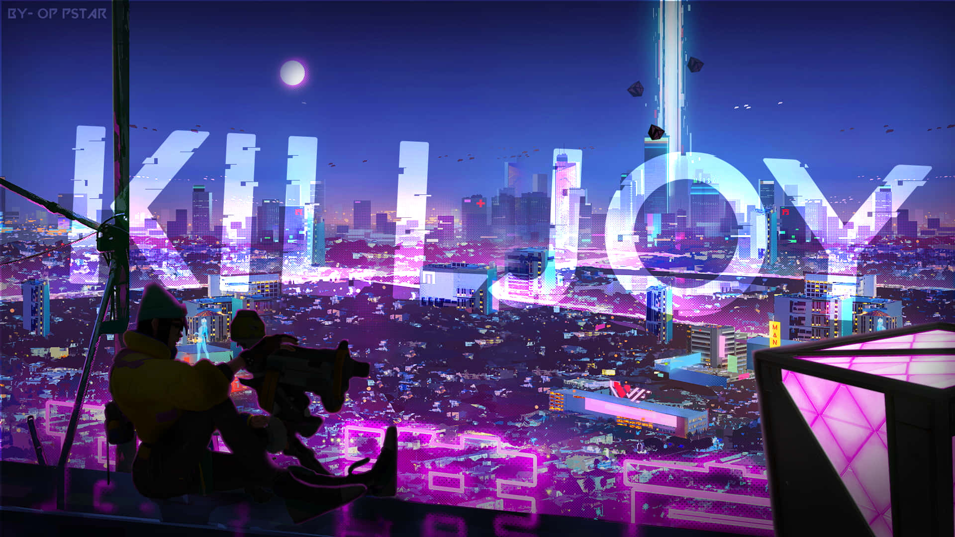 Killjoy Valorant, neon-drenched cyberpunk cityscape, night, Full HD Desktop Wallpaper