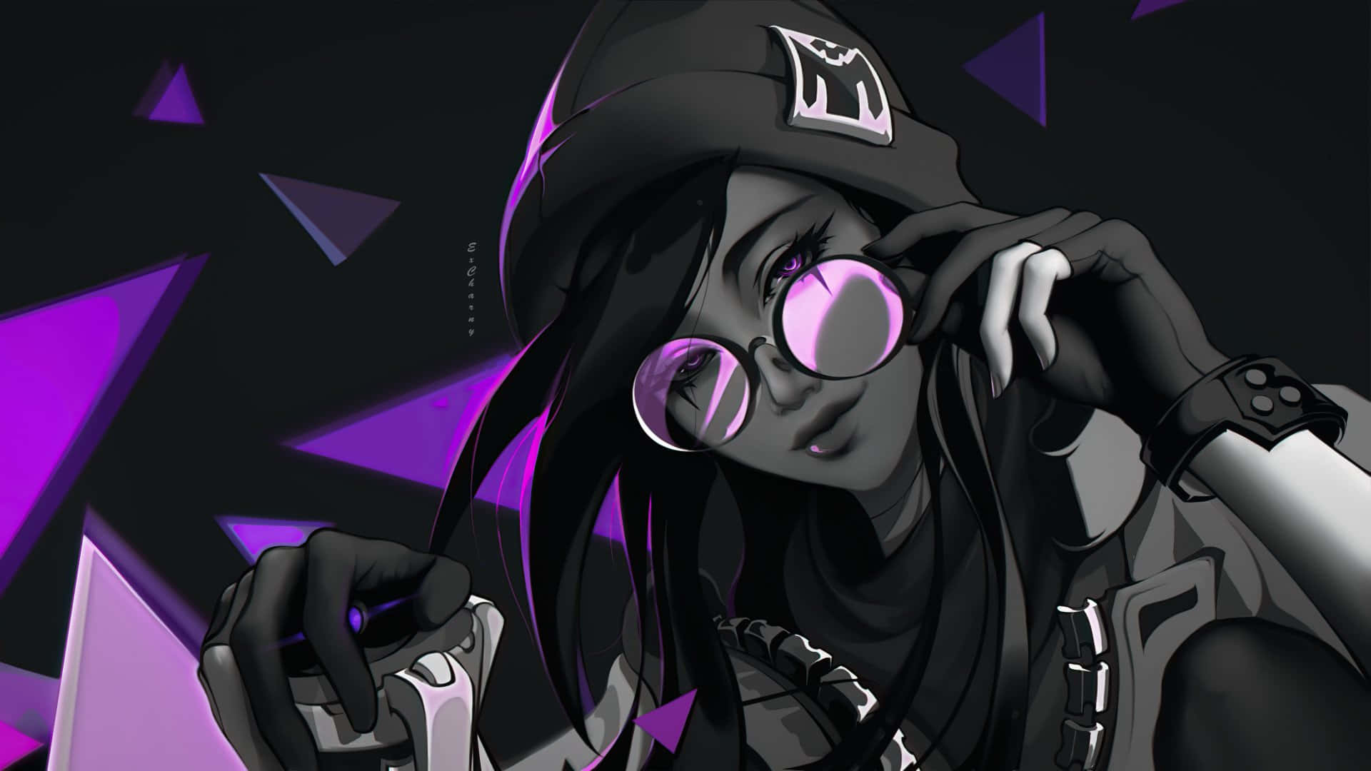 Killjoy Valorant, purple glowing glasses, hoodie, Full HD Desktop Wallpaper