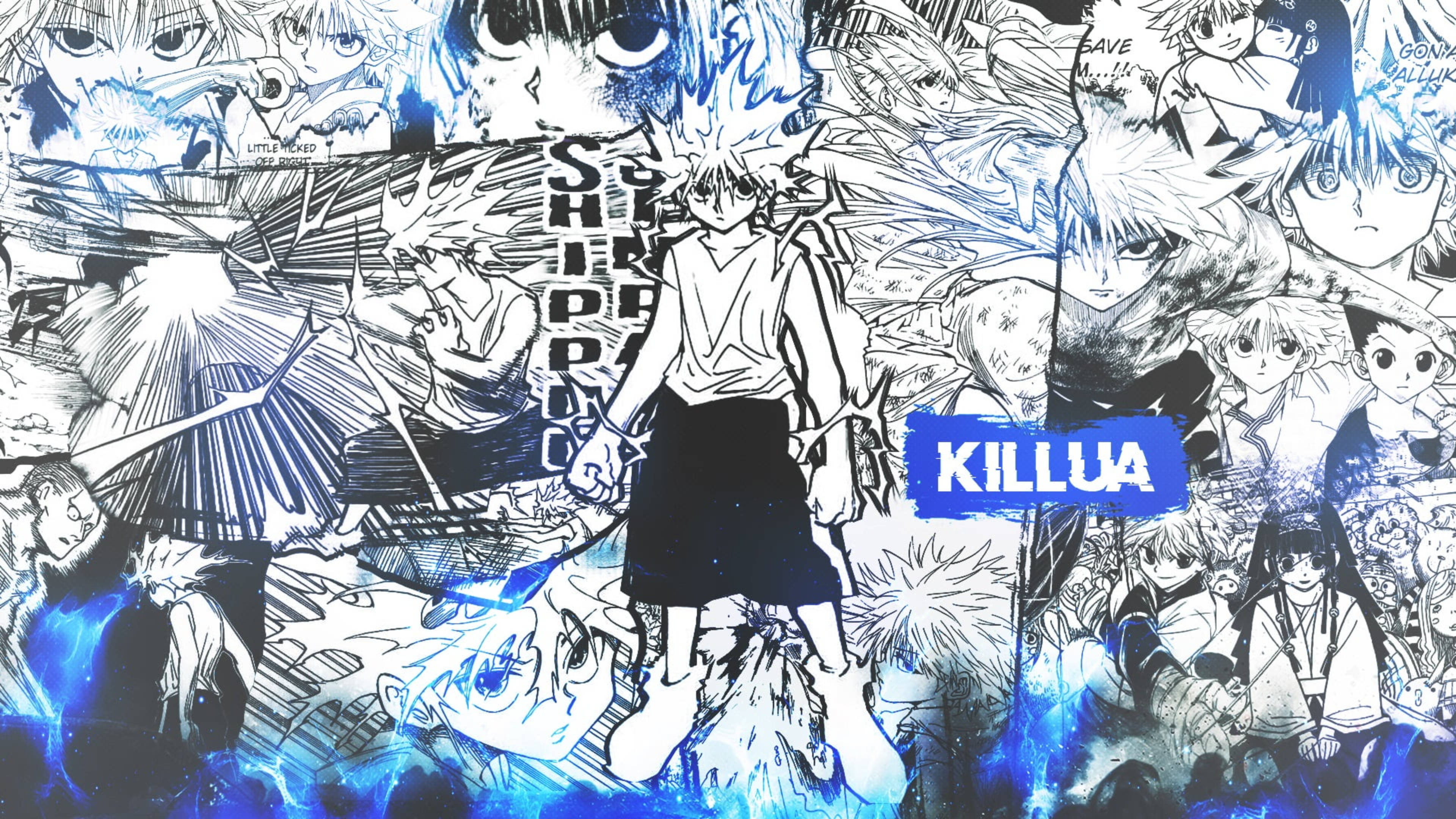 Killua, black and white sketch, blue energy bursts, 4K Desktop Wallpaper