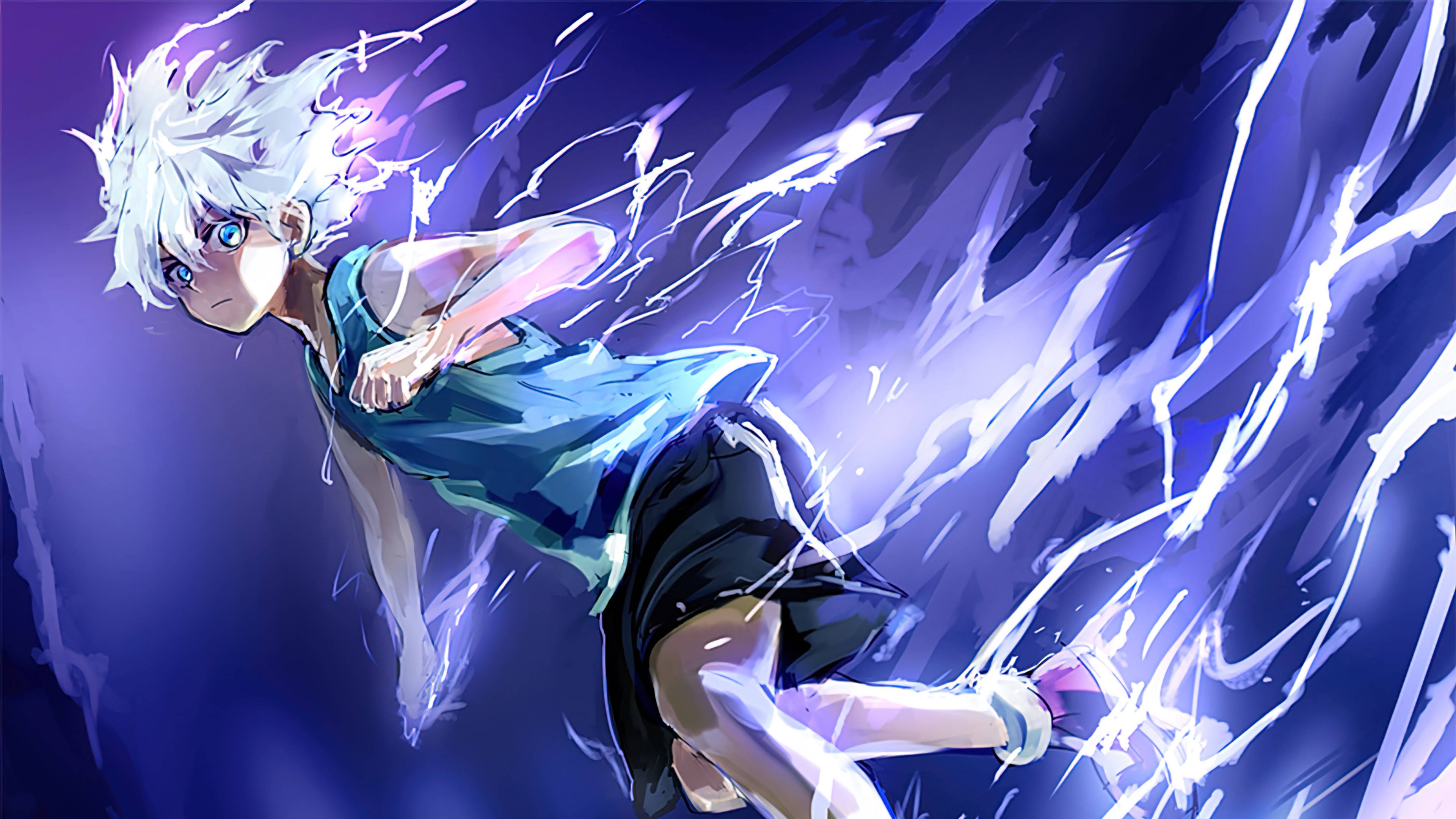 Killua, electrifying purple, electric blue energy streaks, 4K Desktop Wallpaper