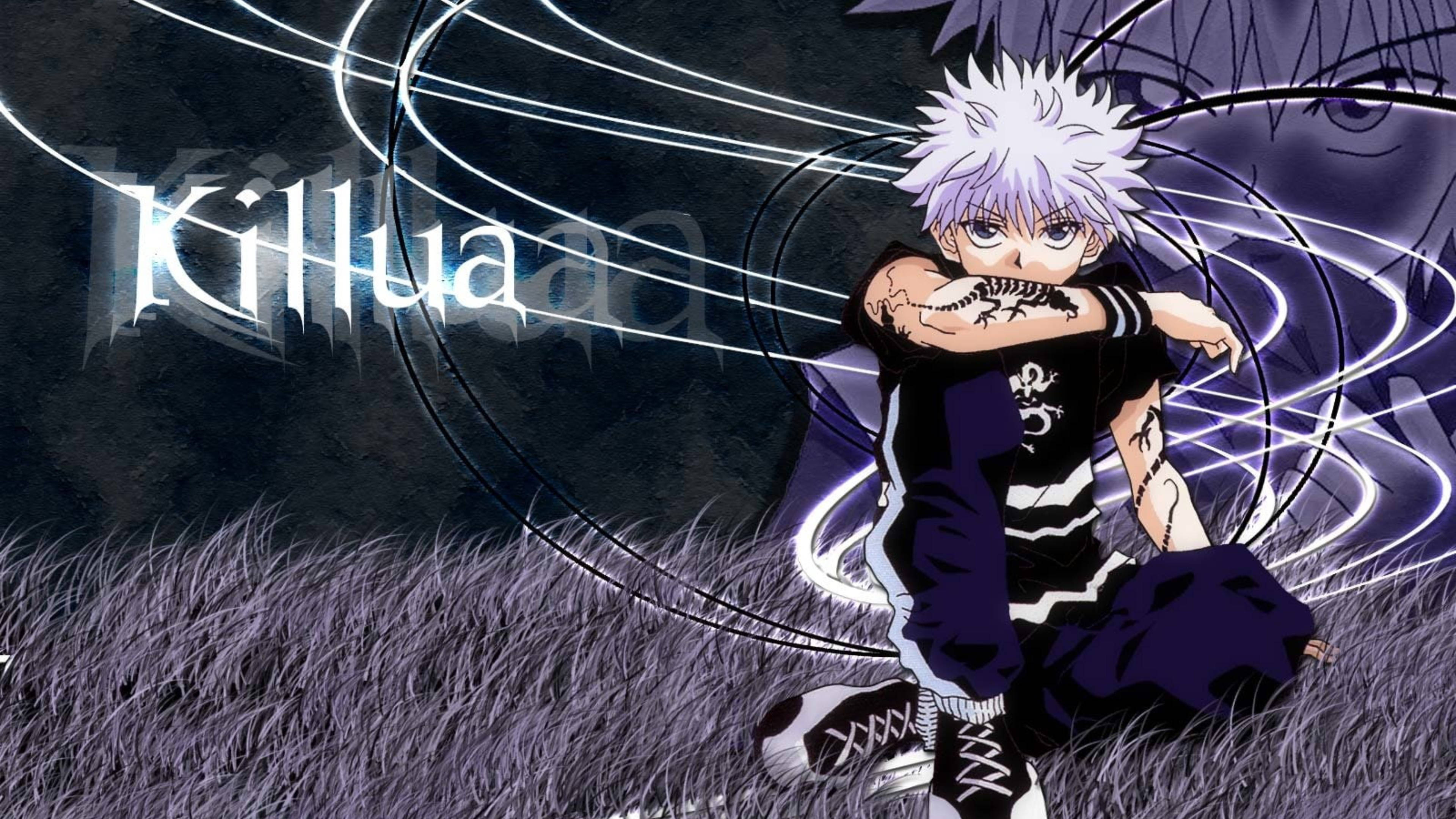 Killua, purple grass, glowing white energy lines, 4K Desktop Wallpaper