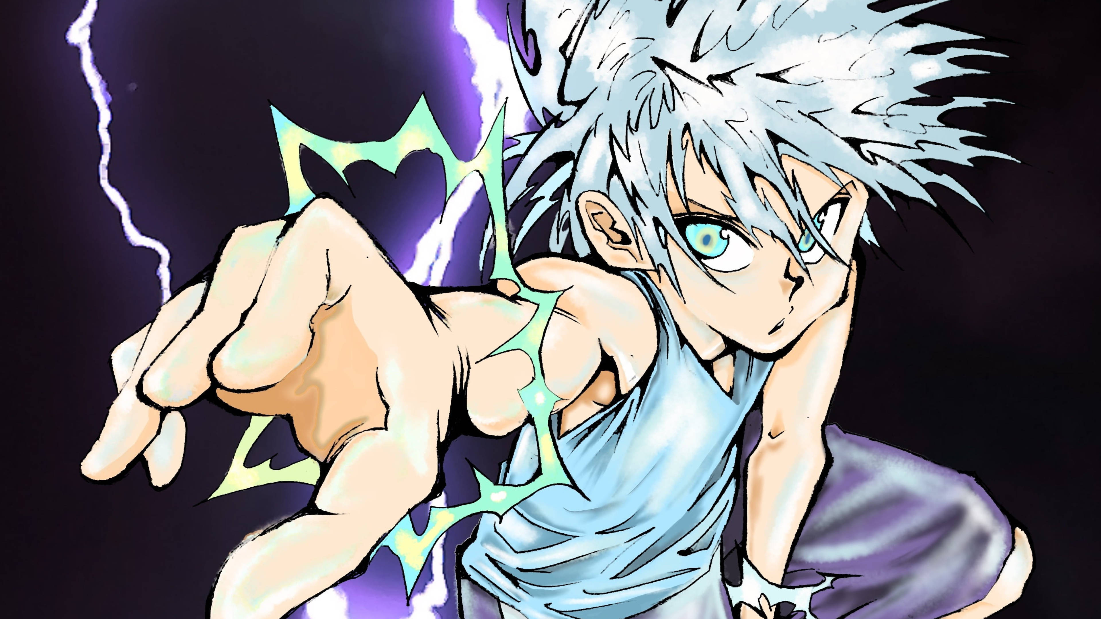 Killua, spiky silver hair, glowing green energy, 4K Desktop Wallpaper