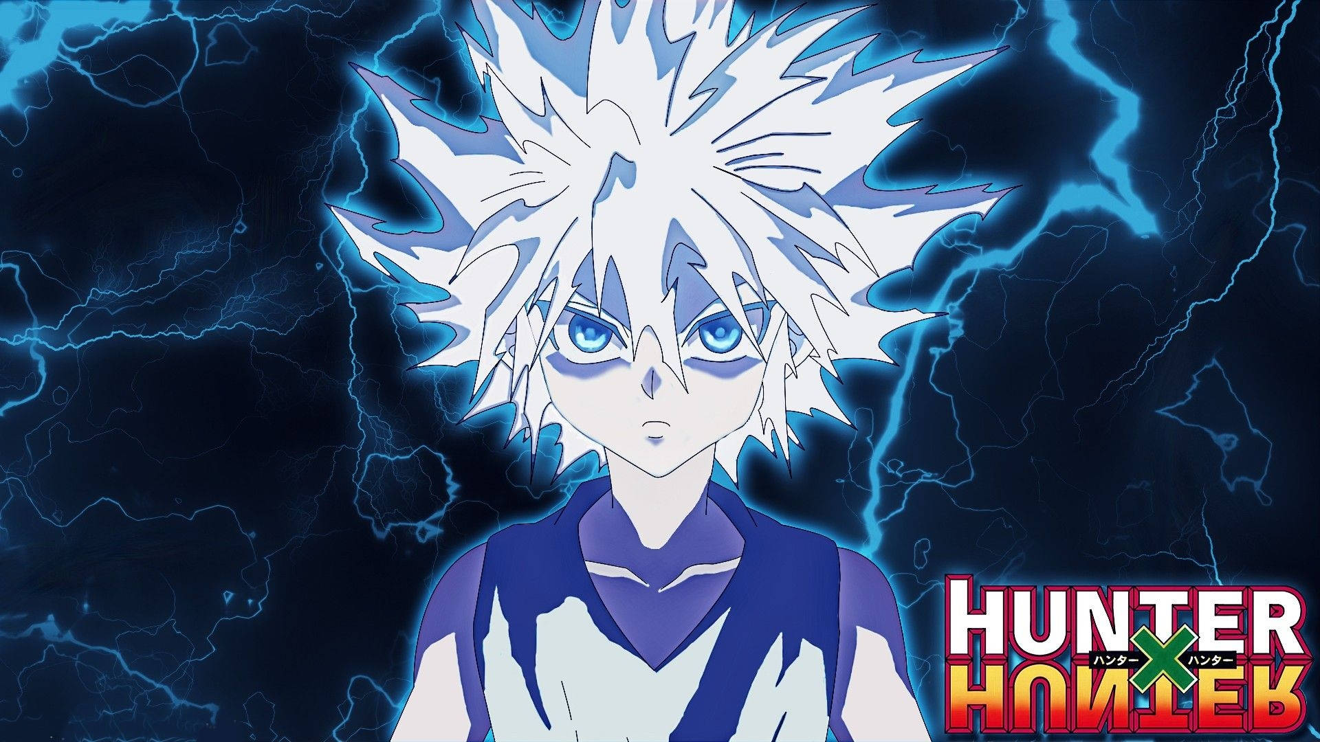 Killua, spiky-haired anime boy, glowing blue eyes, Full HD Desktop Wallpaper