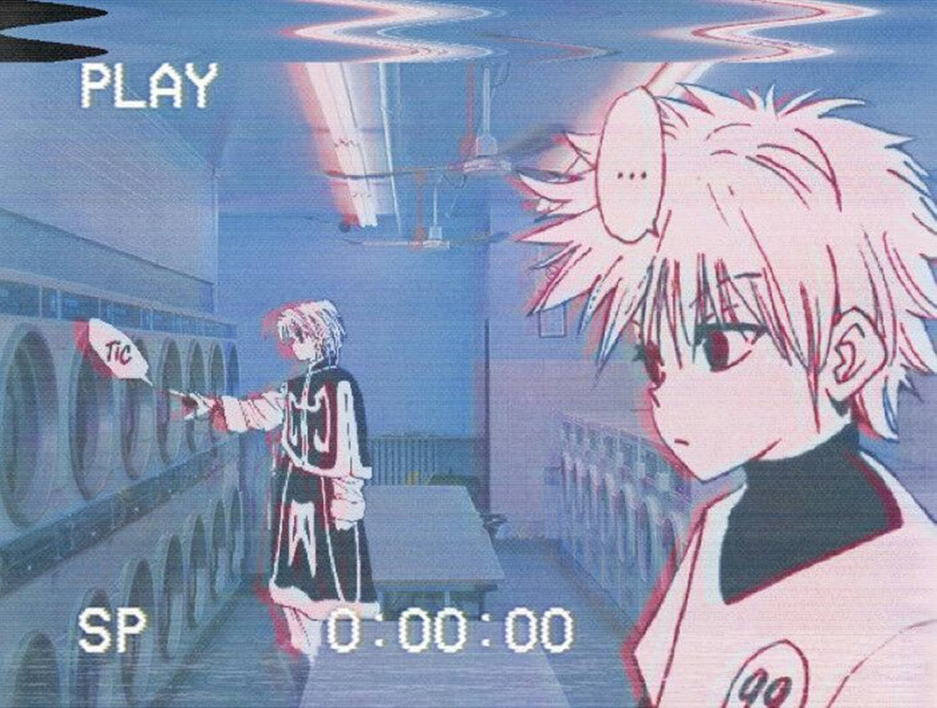 Killua Aesthetic, glitchy VHS-style, laundry room, HD Desktop Wallpaper