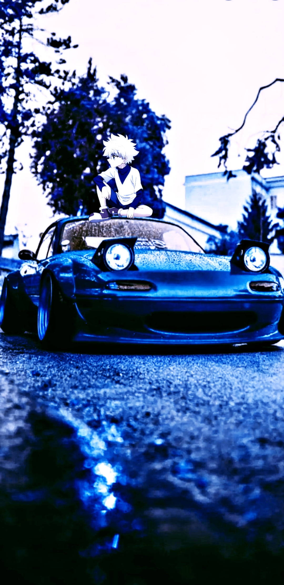 Killua, blue sports car, cool blue monochrome sky, Full HD Phone Wallpaper