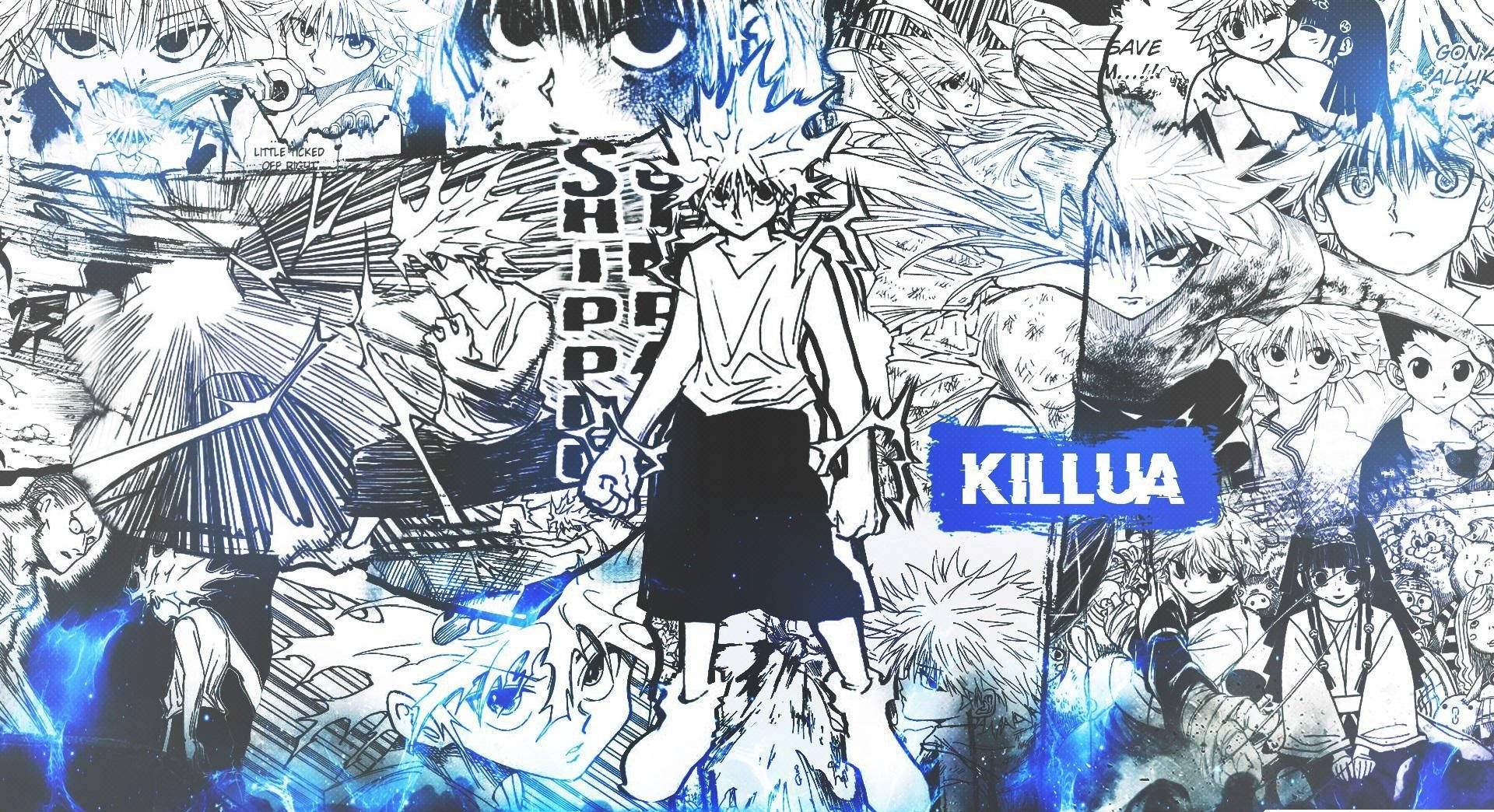 Killua, blue energy bursts, manga panels, Full HD Desktop Wallpaper