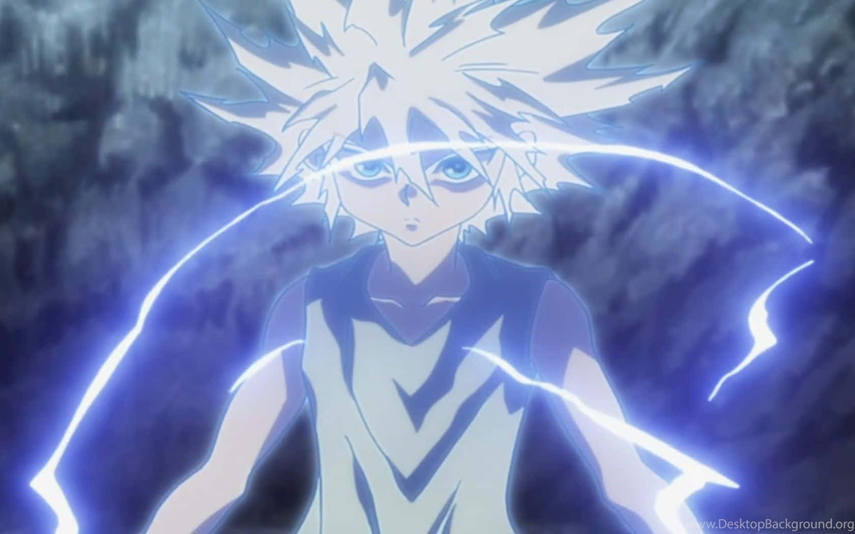 Killua, spiky white hair, glowing blue eyes, HD Desktop Wallpaper