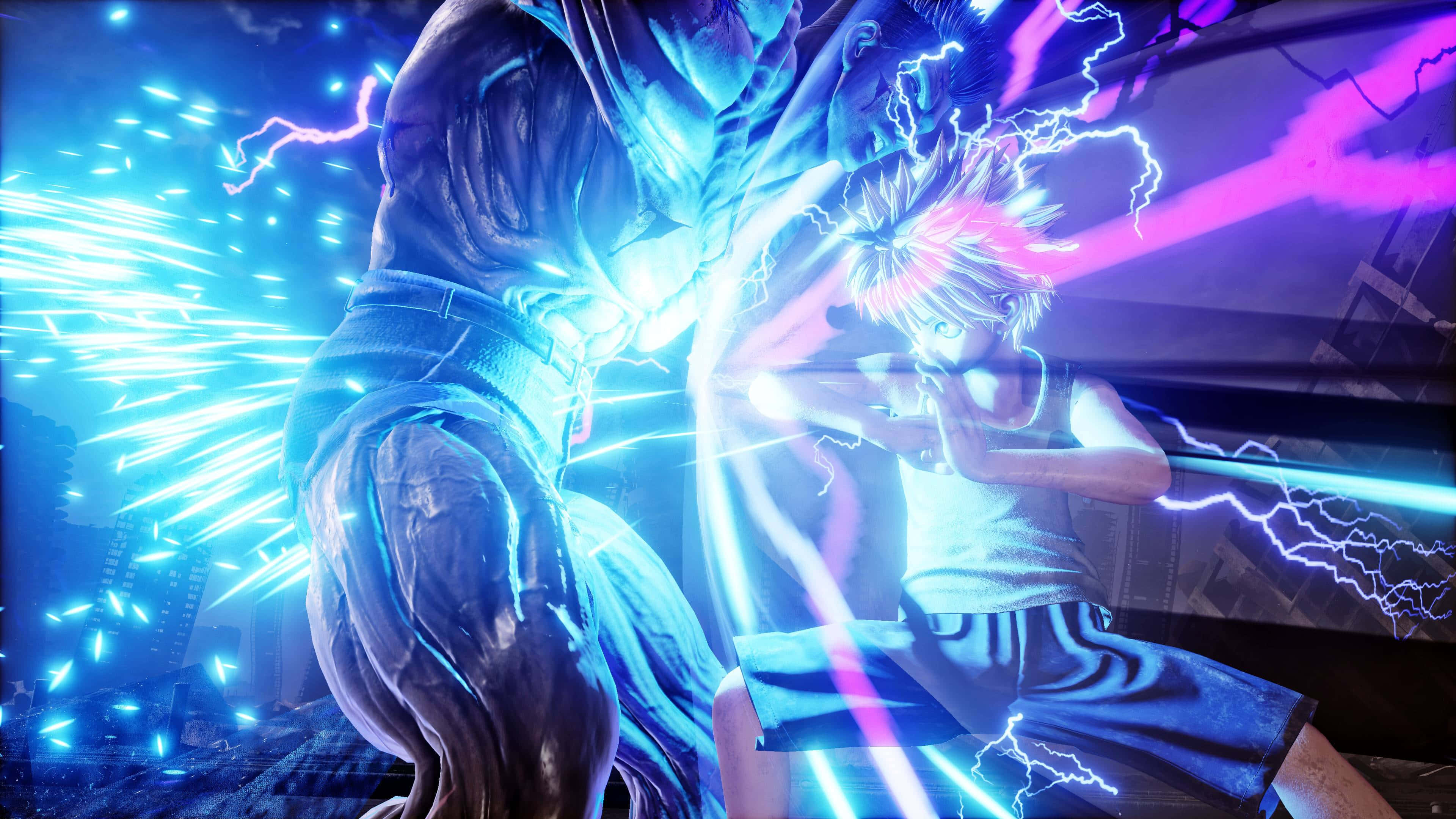 Killua Cute, neon-lit urban arena, electric energy bursts, 4K Desktop Wallpaper