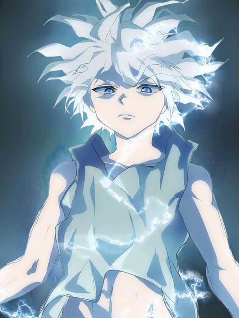 Killua, spiky-haired anime boy, glowing blue lightning, SD Phone Wallpaper