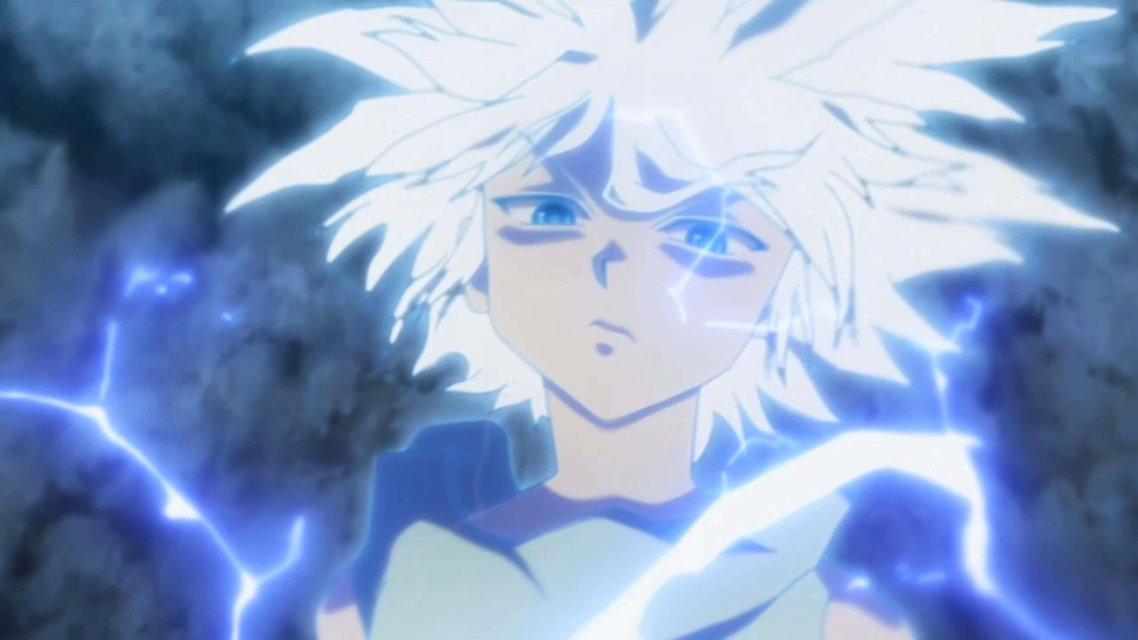Killua, spiky white hair, blue eyes, 4K Desktop Wallpaper