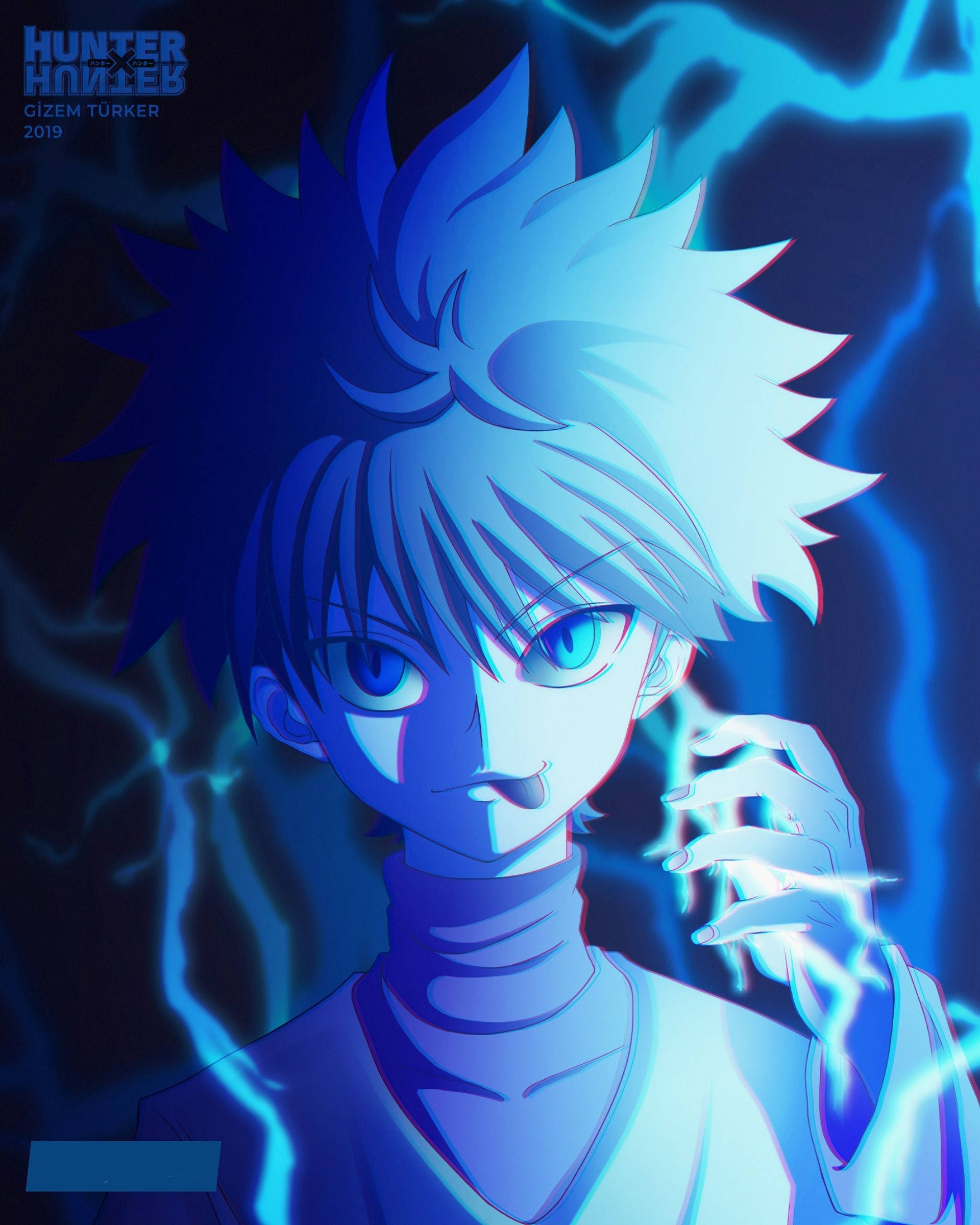 Killua, spiky-haired anime character, glowing blue eyes, Full HD Phone Wallpaper