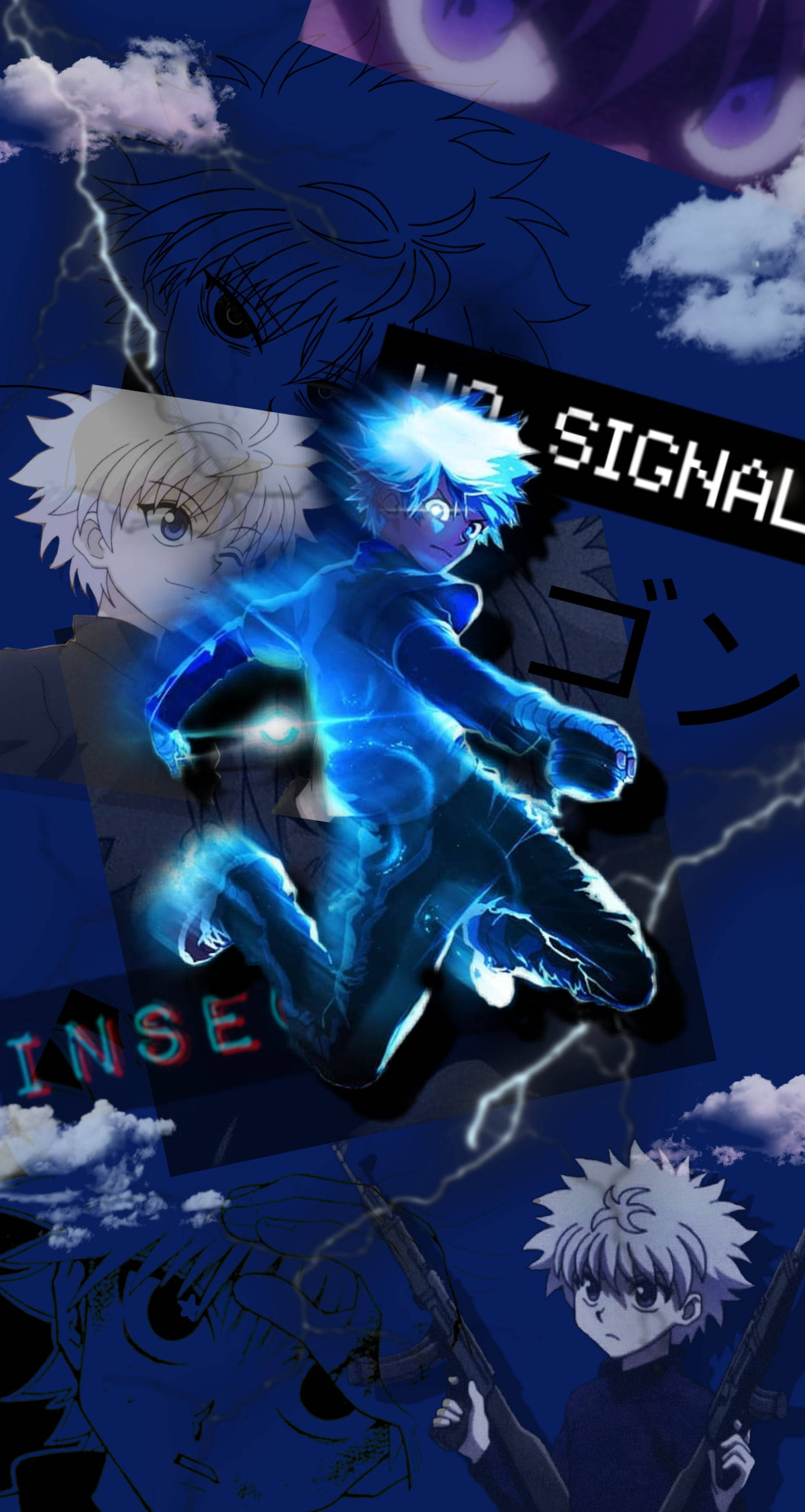 Storm Collage Killua iPhone, Killua, glowing blue anime character, 2K Phone Wallpaper