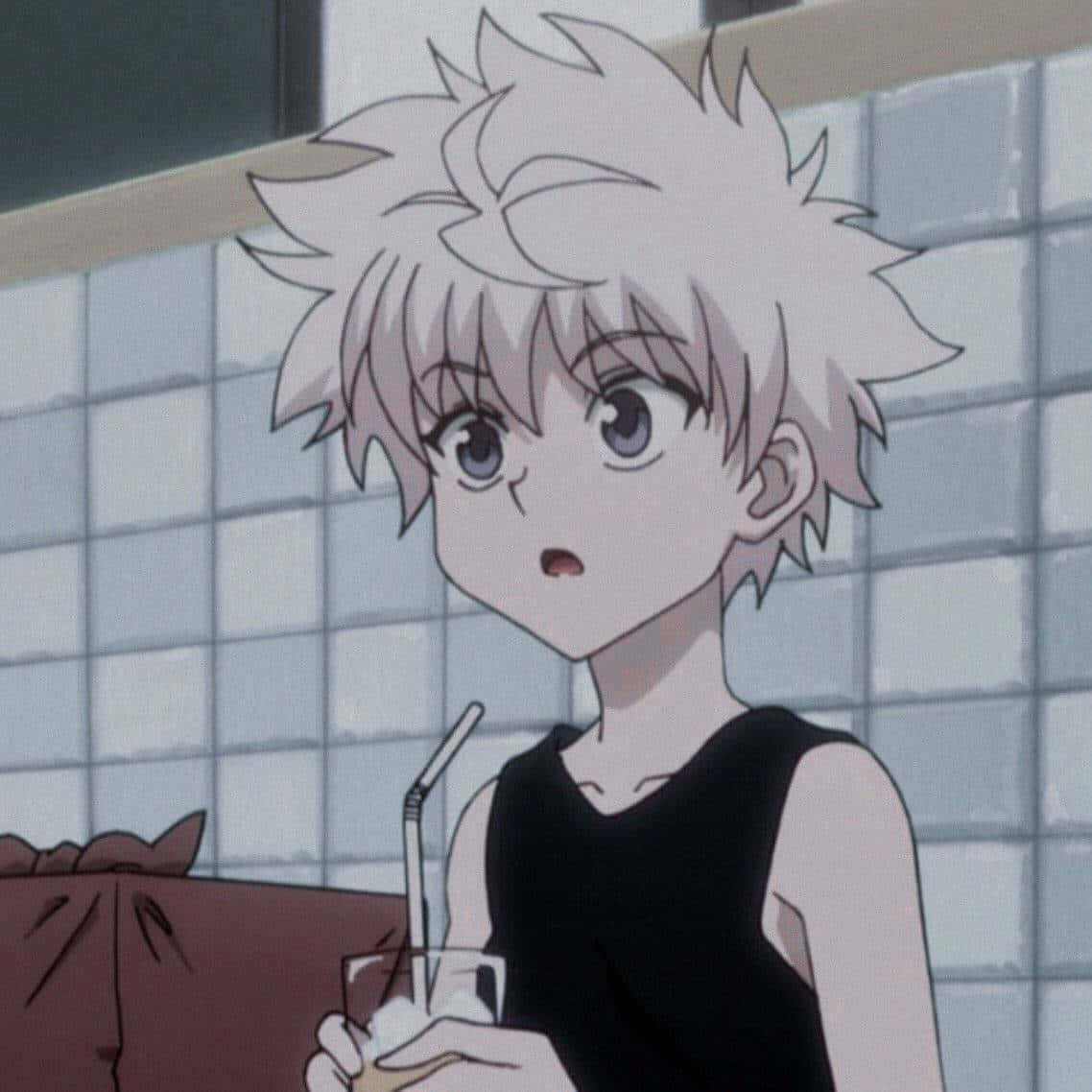 Killua, spiky white hair, drink with a straw, SD Desktop Wallpaper