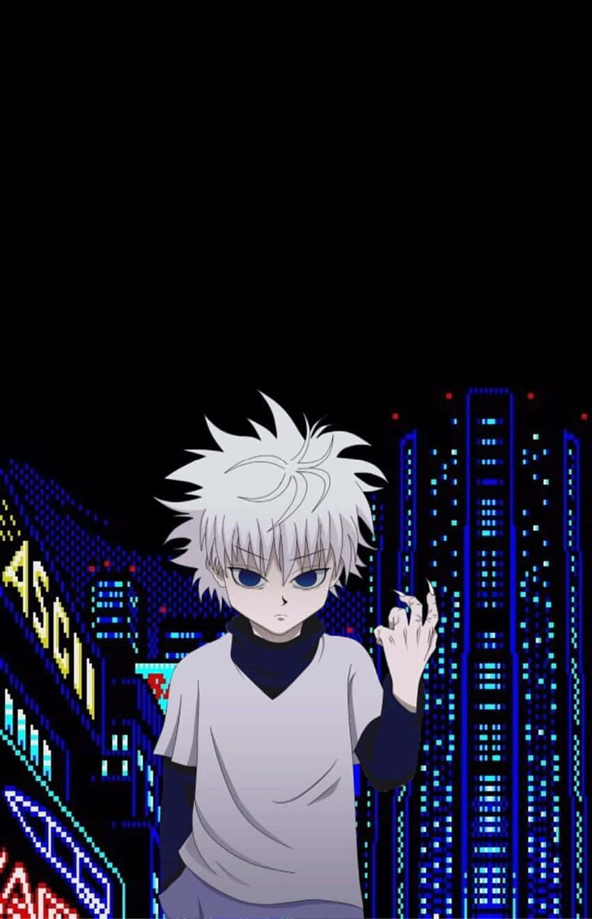 Killua Phone, spiky-haired anime boy, pixelated neon cityscape, HD Phone Wallpaper