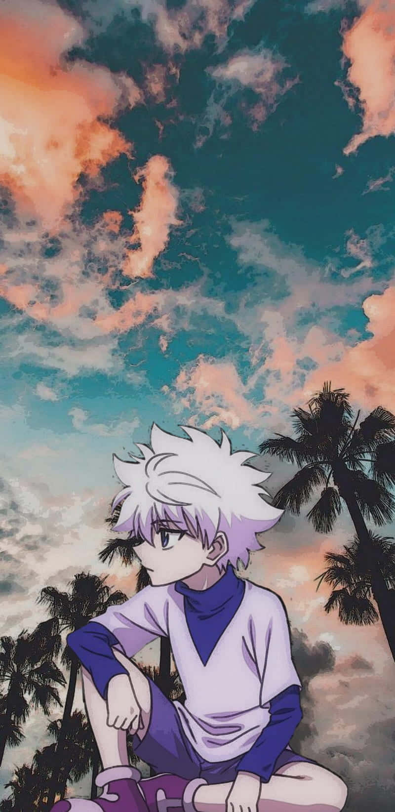 Killua Phone, white-haired anime boy, vibrant sunset sky, HD Phone Wallpaper