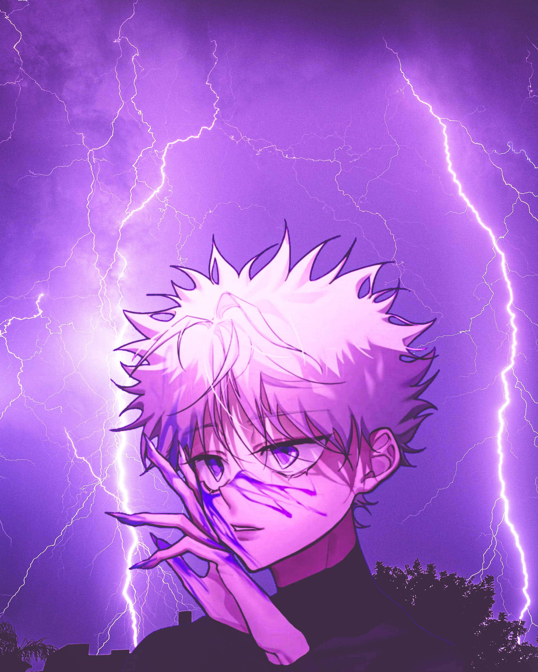 Killua Phone, spiky-haired anime character, purple lightning, Full HD Phone Wallpaper