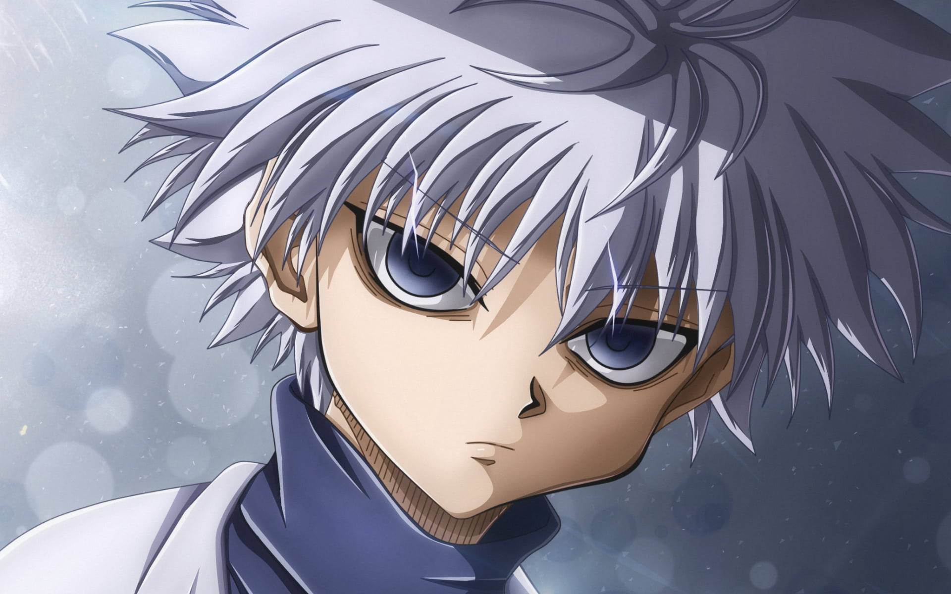 Killua Zoldyck, spiky silver hair, intense blue eyes, Full HD Desktop Wallpaper